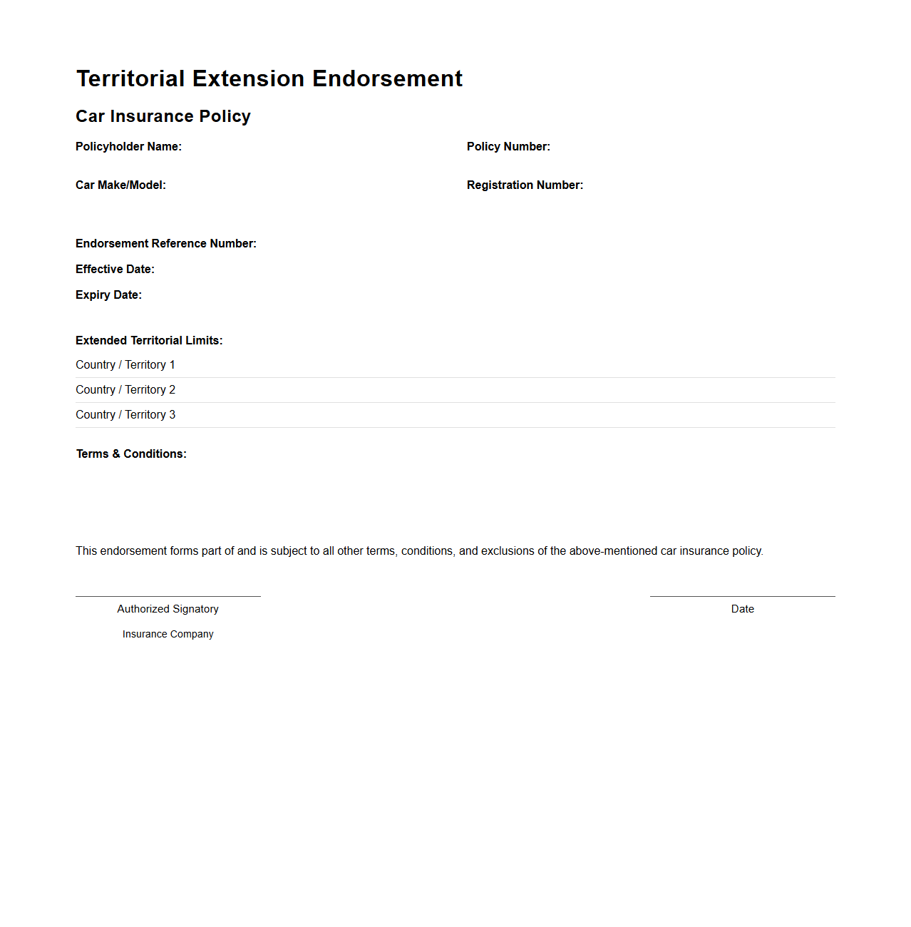 Territorial Extension Endorsement for Car Insurance Policy