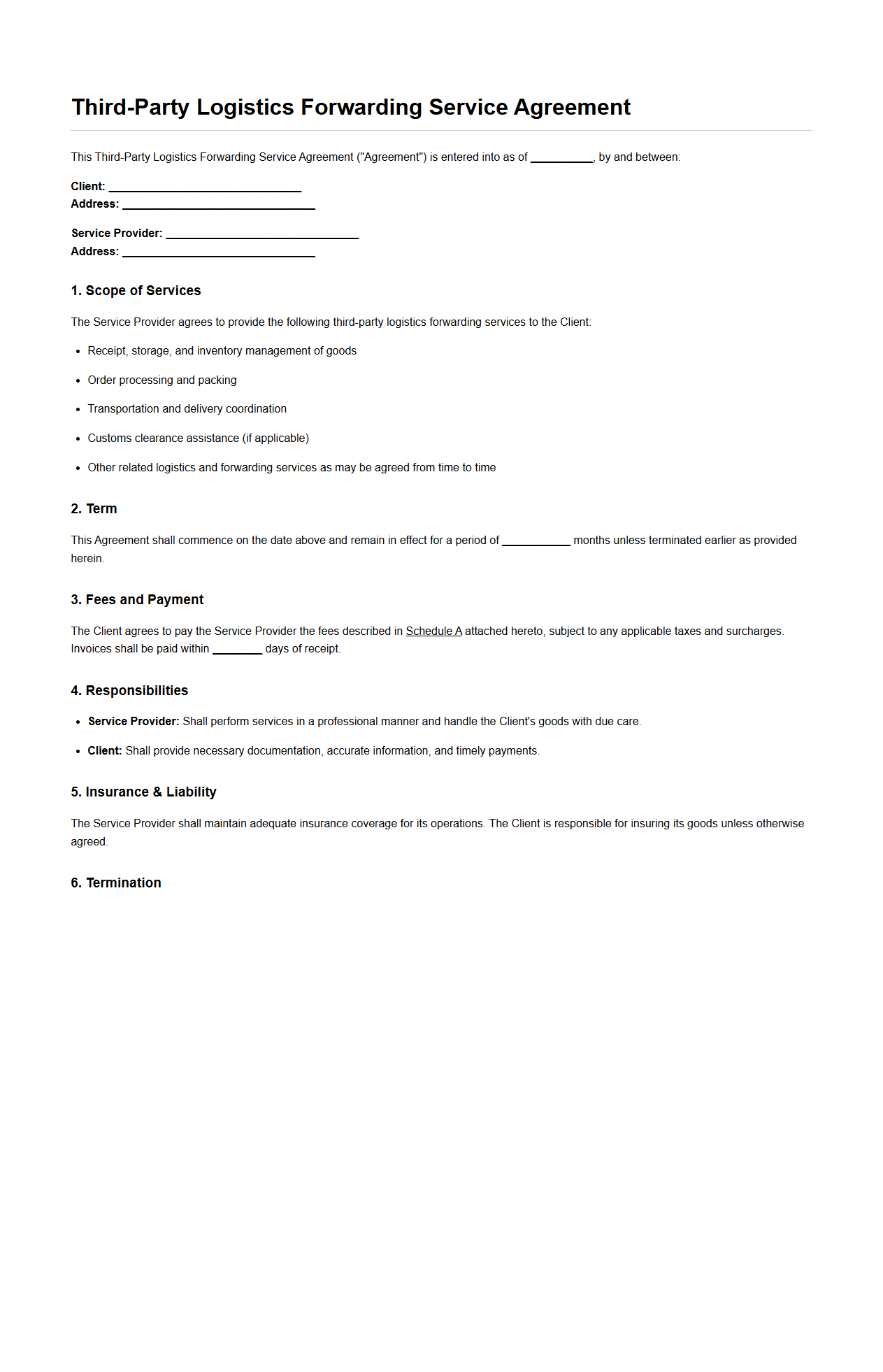 Third-Party Logistics Forwarding Service Agreement Sample