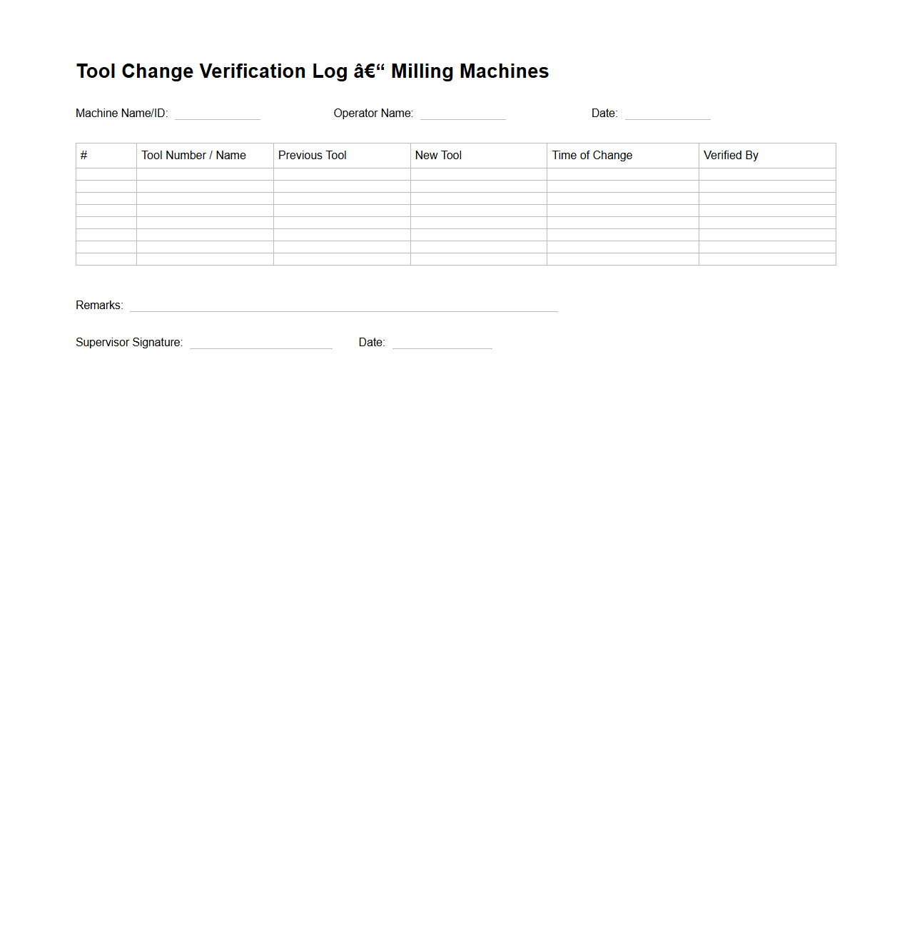 Tool Change Verification Log for Milling Machines