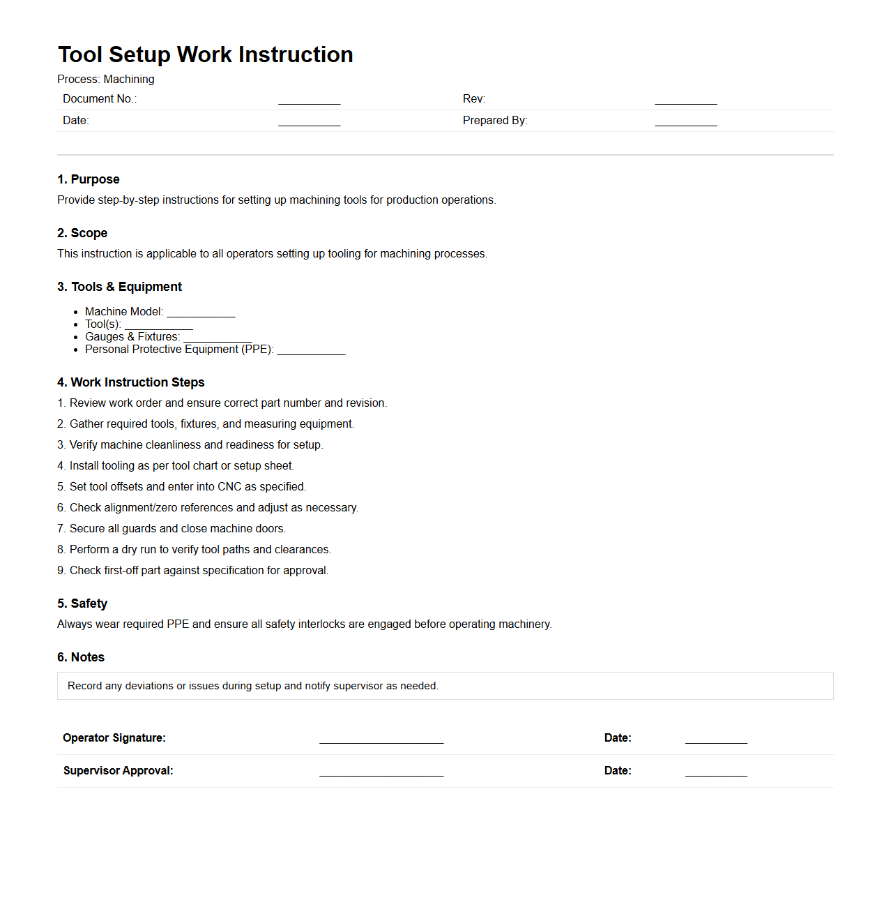 Tool Setup Work Instruction for Machining