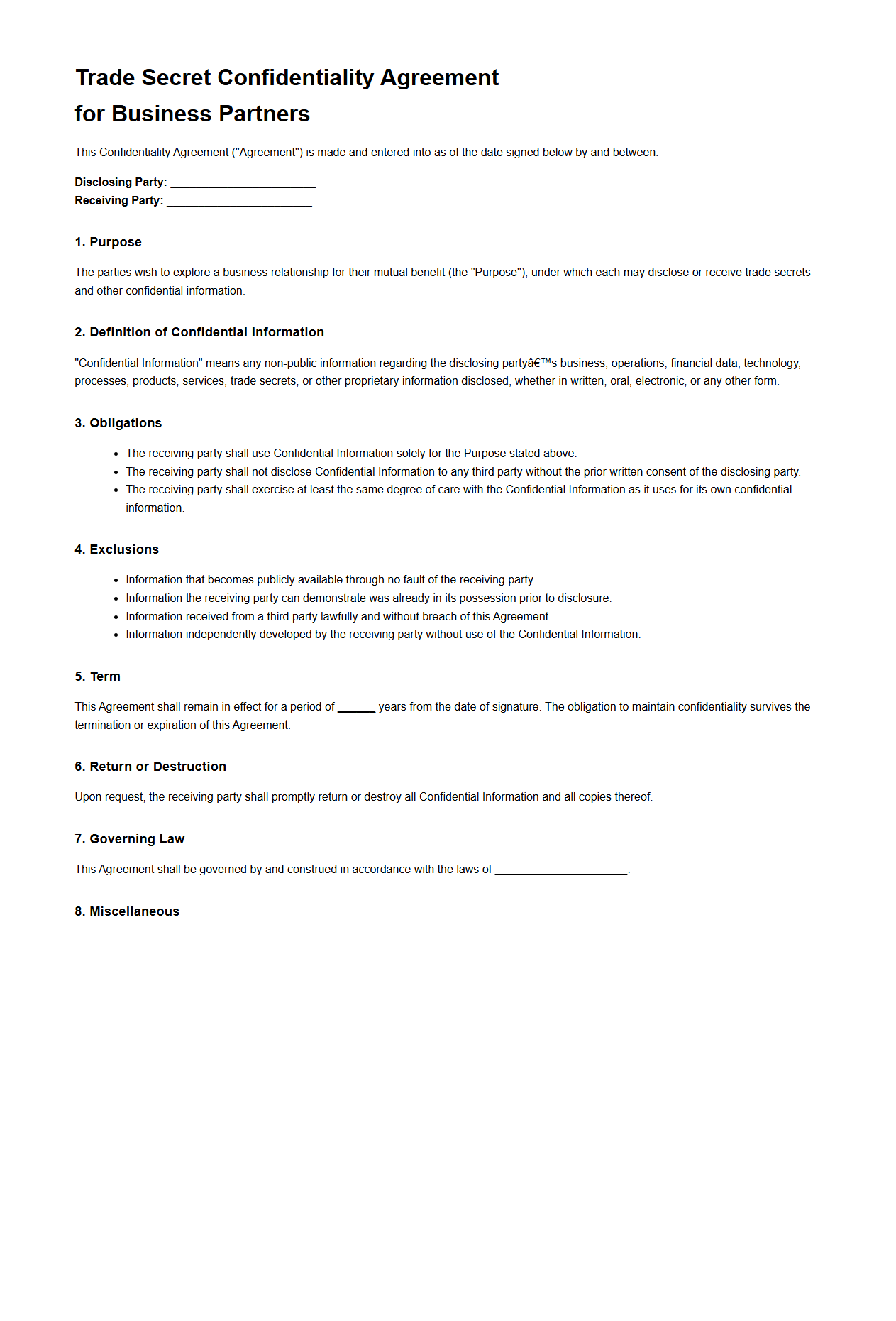 Trade Secret Confidentiality Agreement for Business Partners