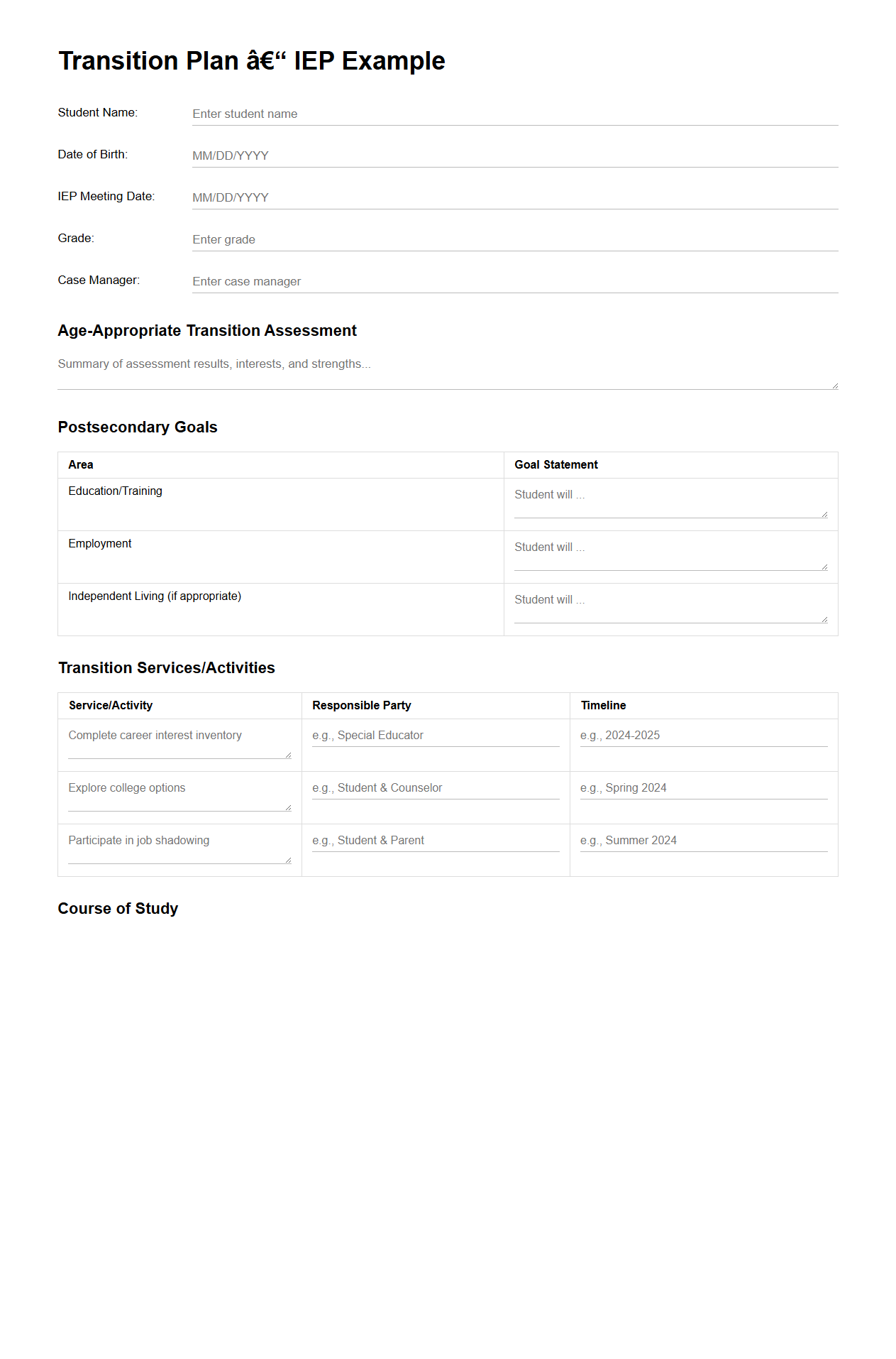 Transition Plan IEP Example