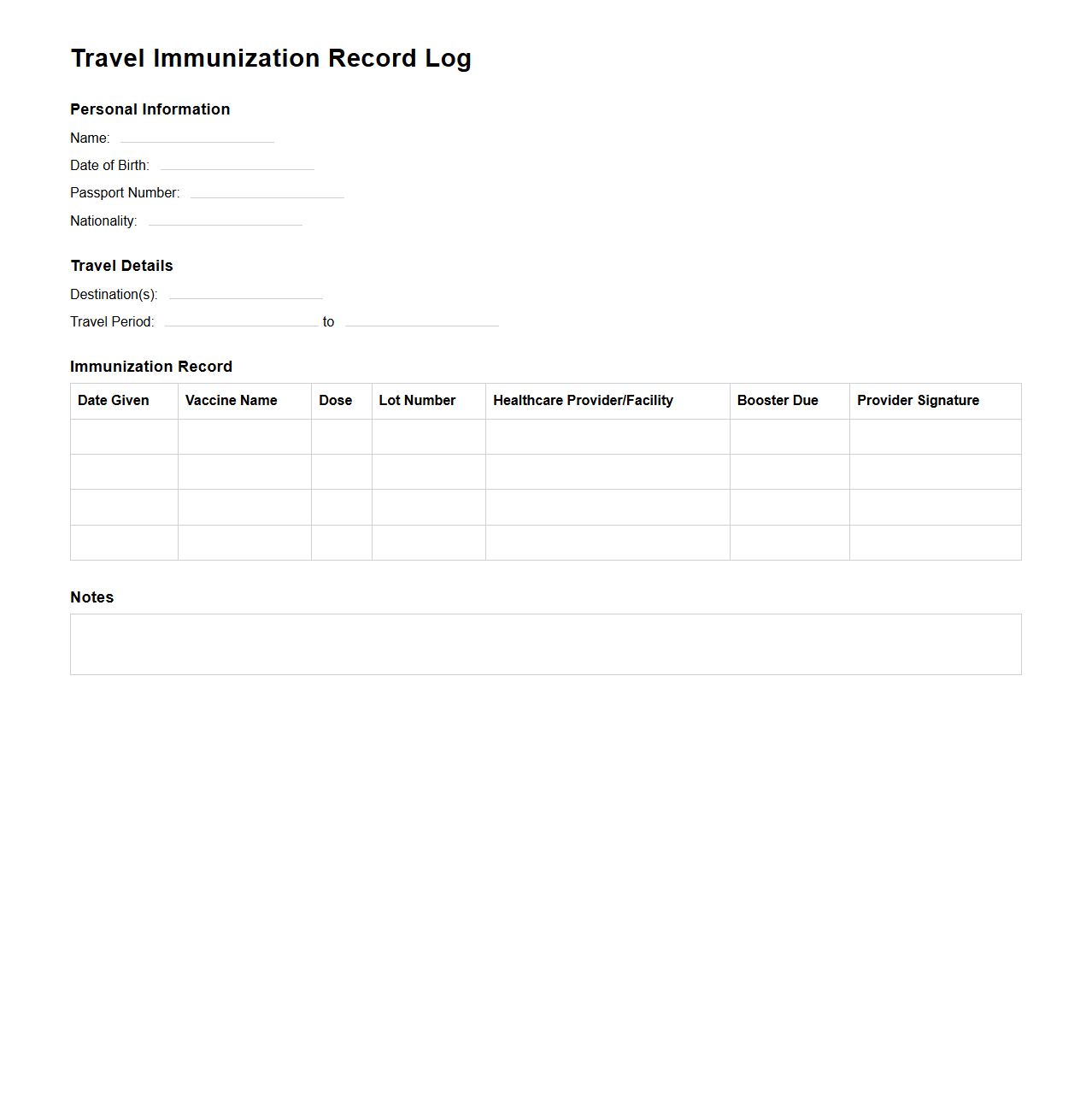 Travel Immunization Record Log