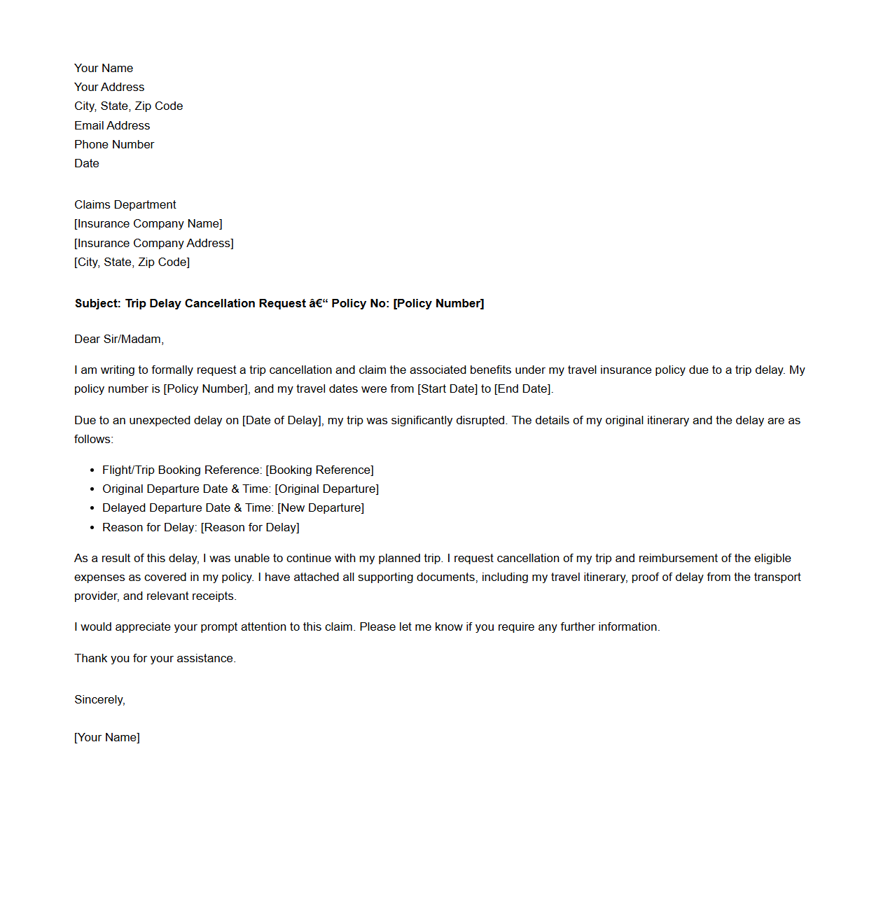 Trip Delay Cancellation Request Letter for Travel Insurance