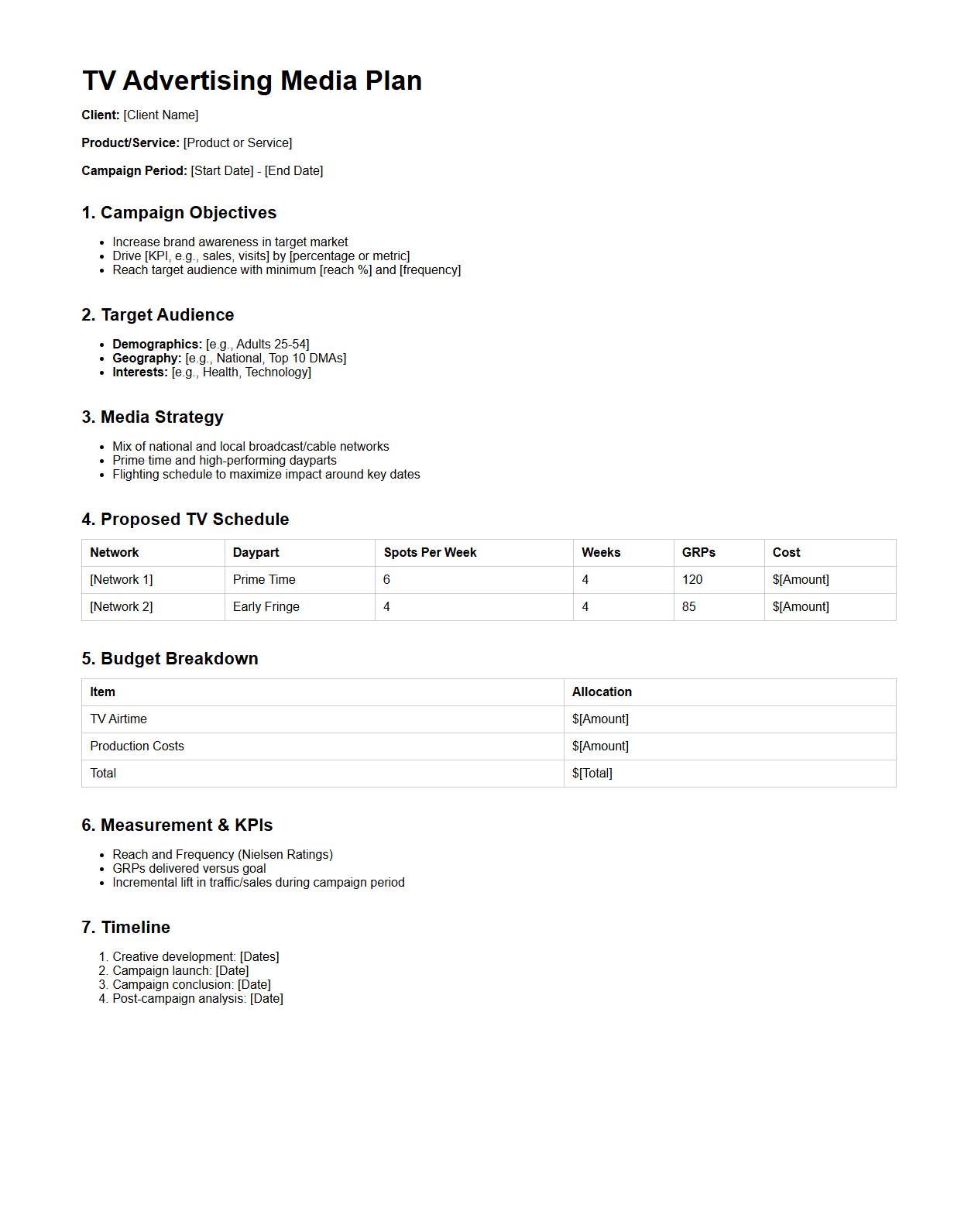 TV Advertising Media Plan Sample Document
