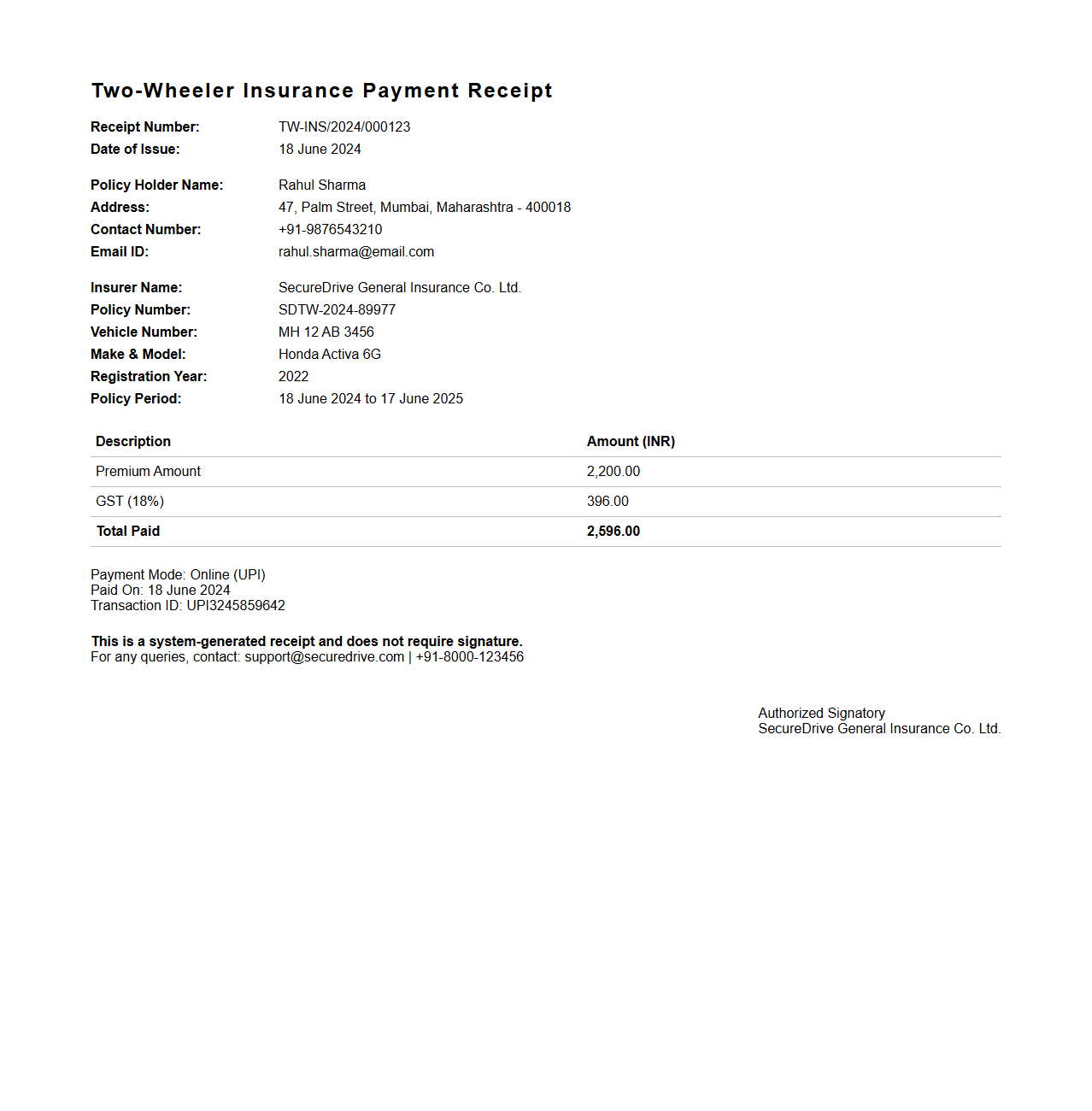 Two-Wheeler Insurance Payment Receipt Sample