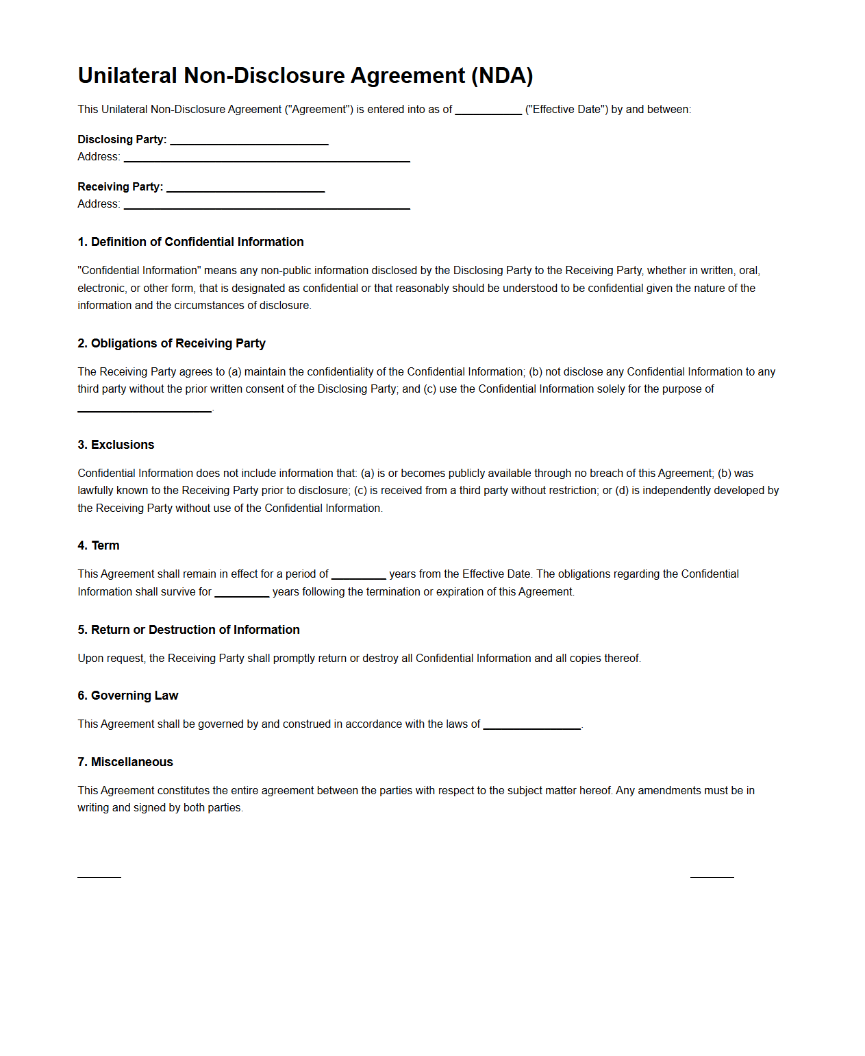 Unilateral Non-Disclosure Agreement Format
