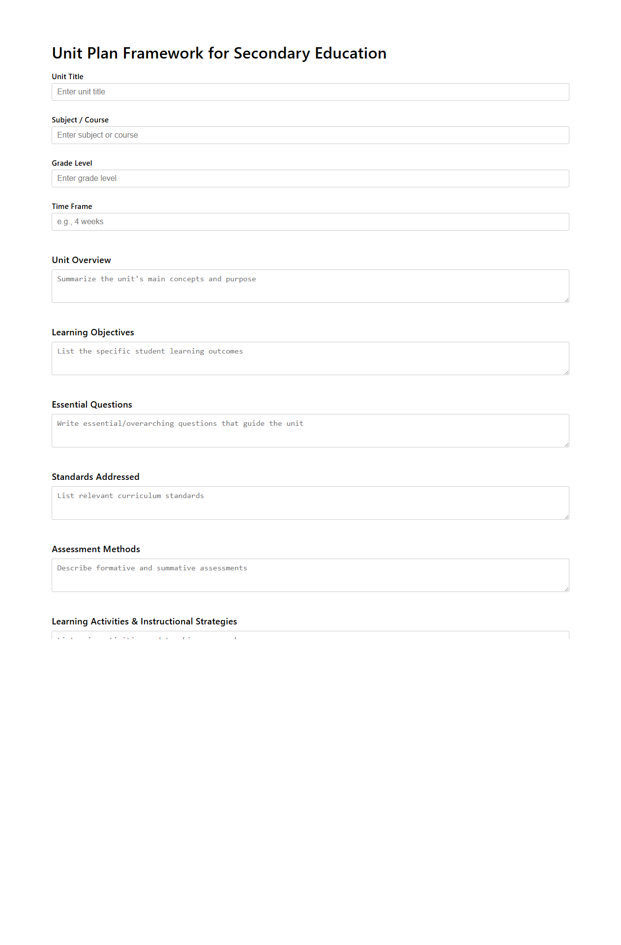 Unit Plan Framework for Secondary Education