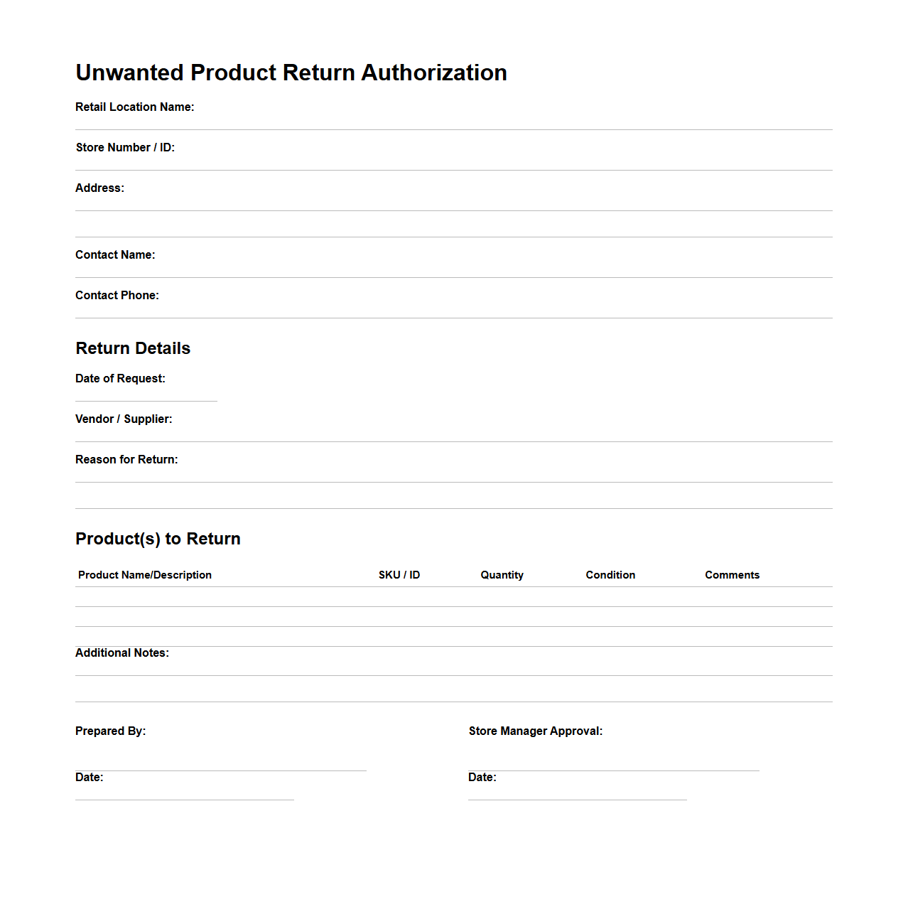 Unwanted Product Return Authorization Document for Retail Location