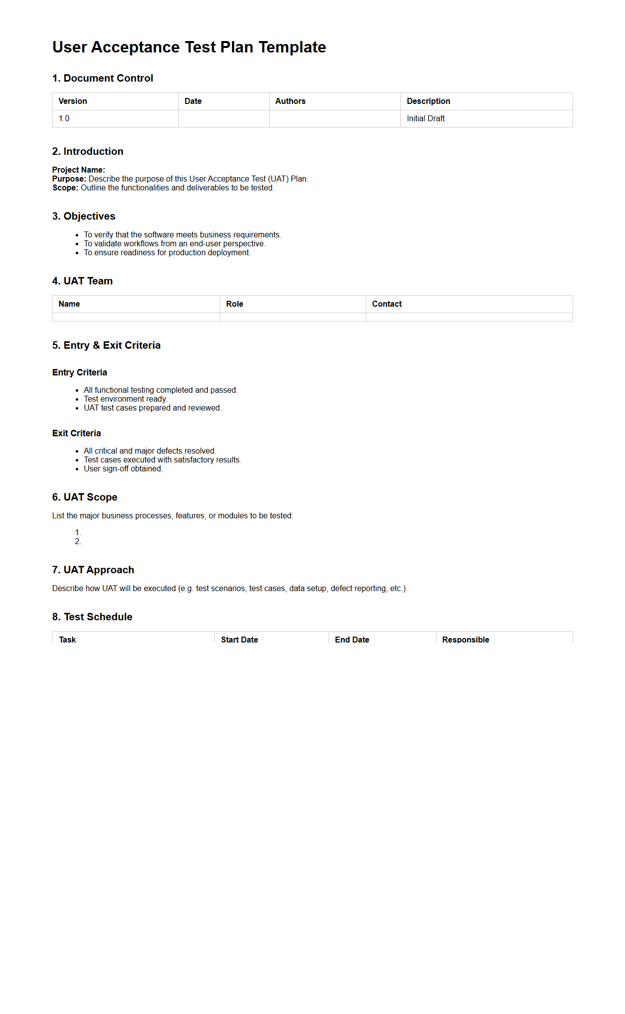 User Acceptance Test Plan Template for Software Projects