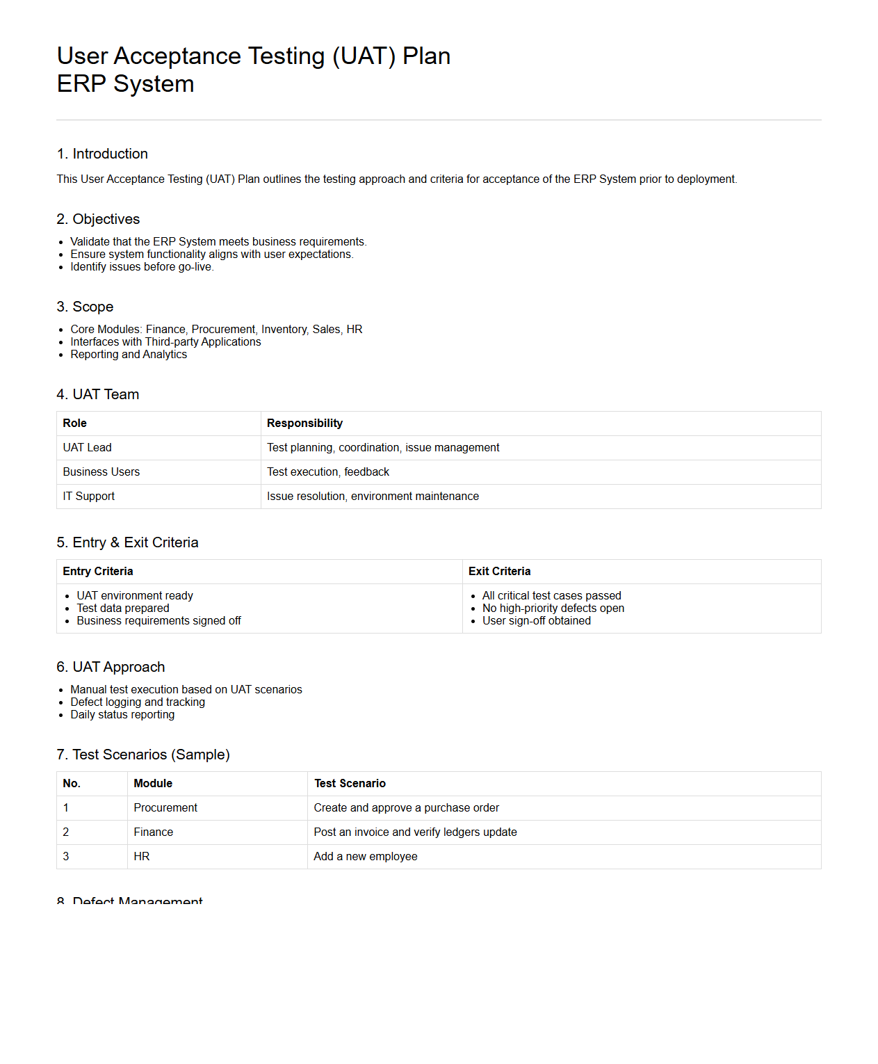 User Acceptance Testing Plan for ERP Systems