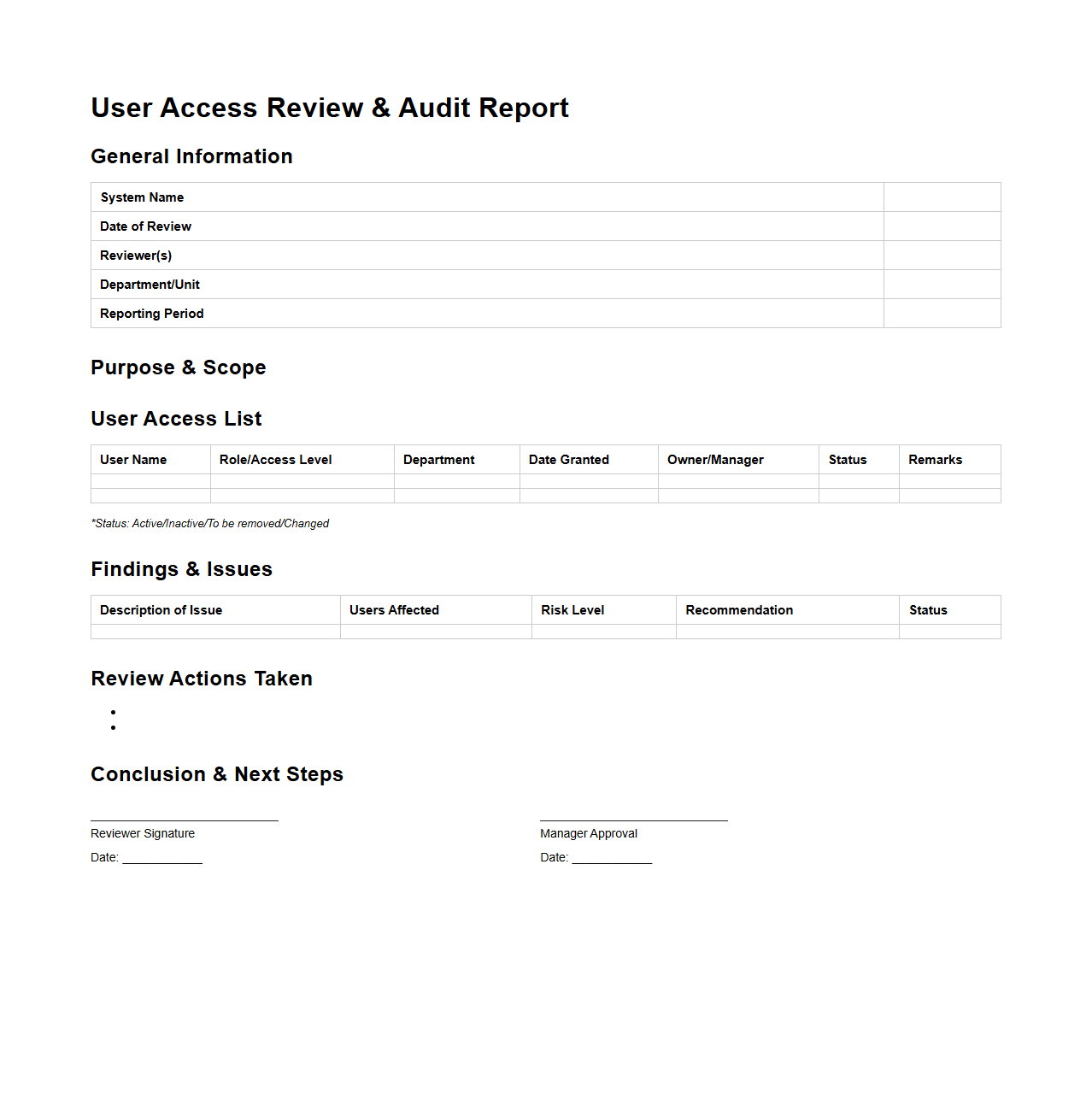 User Access Review and Audit Report Template for Information Systems