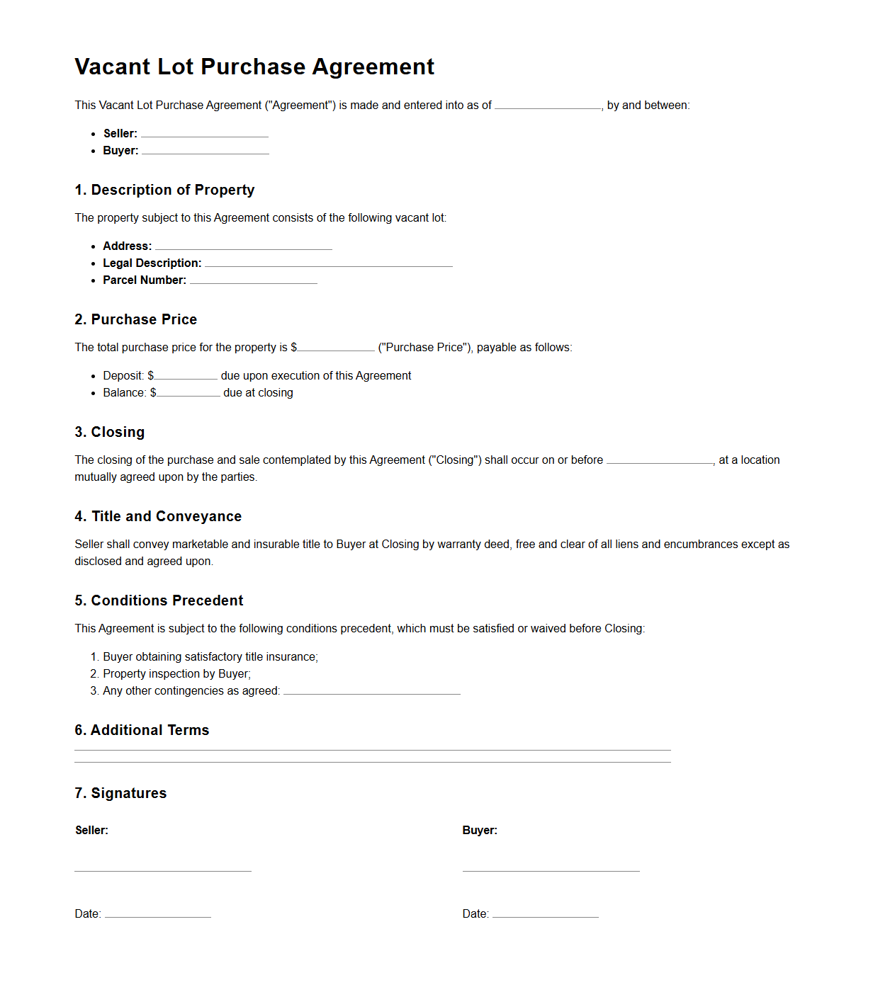 Vacant Lot Purchase Agreement Example