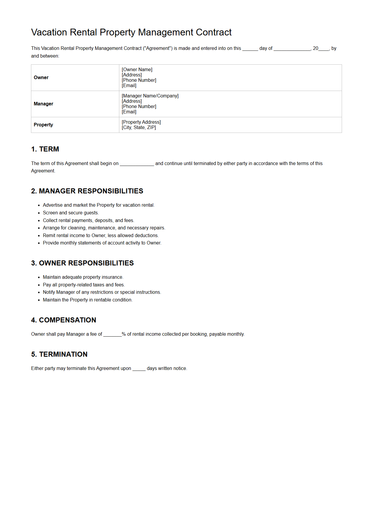 Vacation Rental Property Management Contract