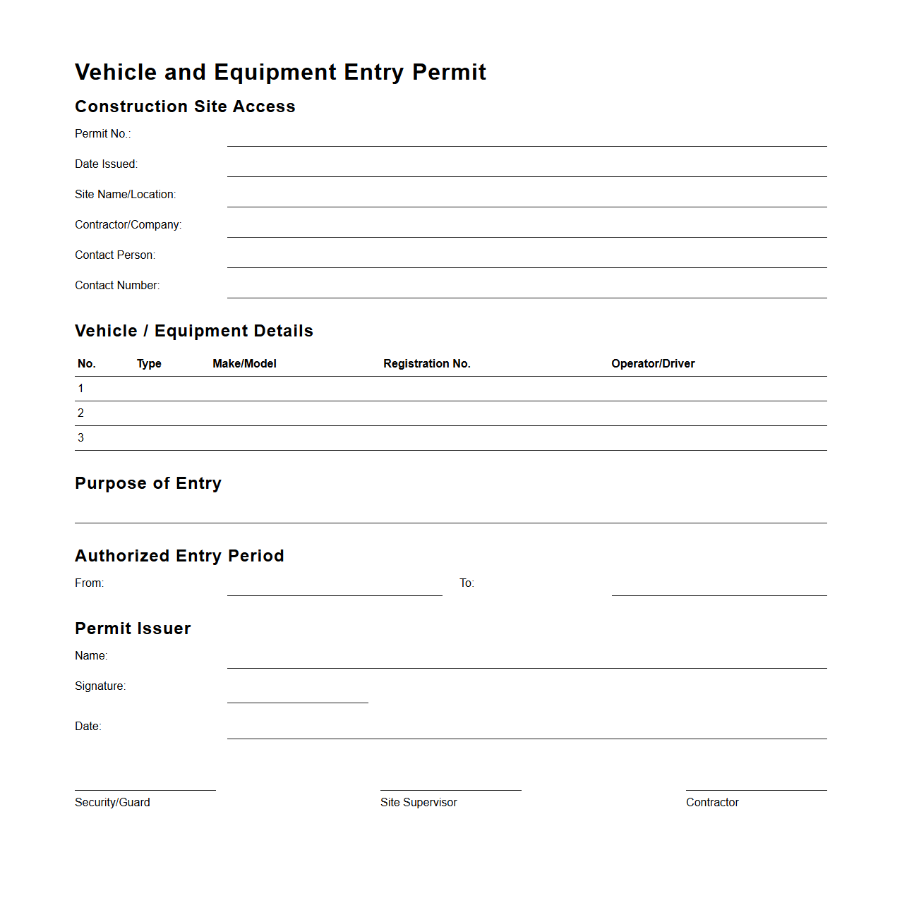 Vehicle and Equipment Entry Permit for Construction Sites