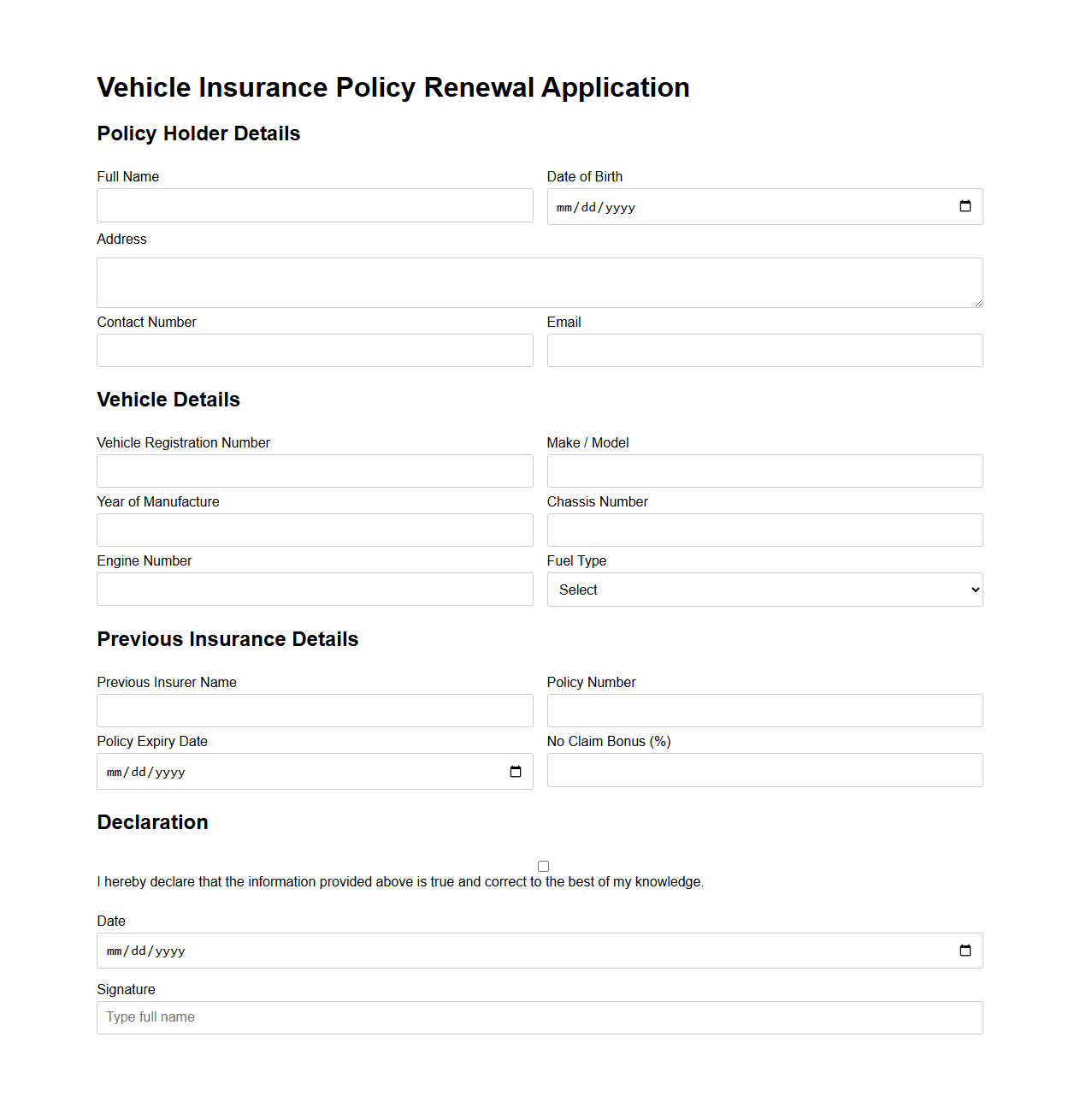 Vehicle Insurance Policy Renewal Application Sample