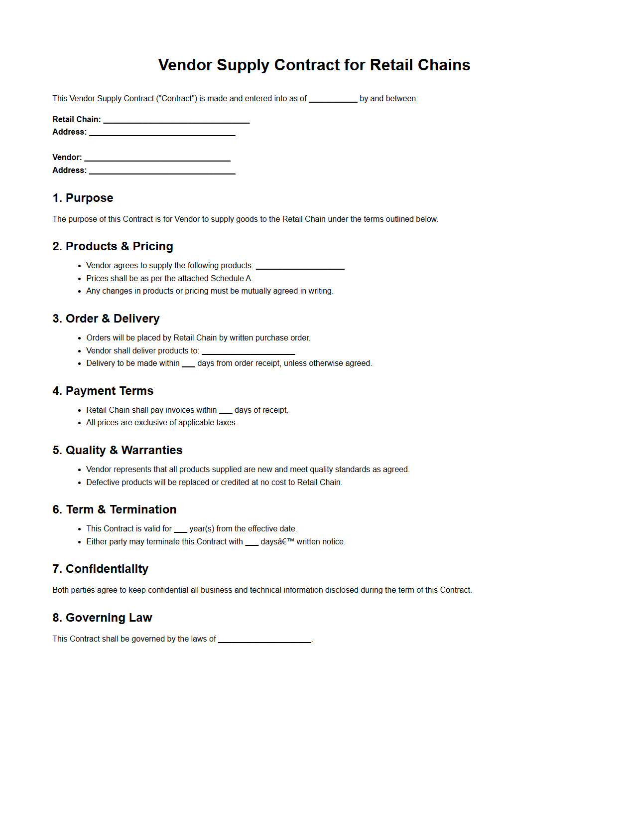 Vendor Supply Contract for Retail Chains