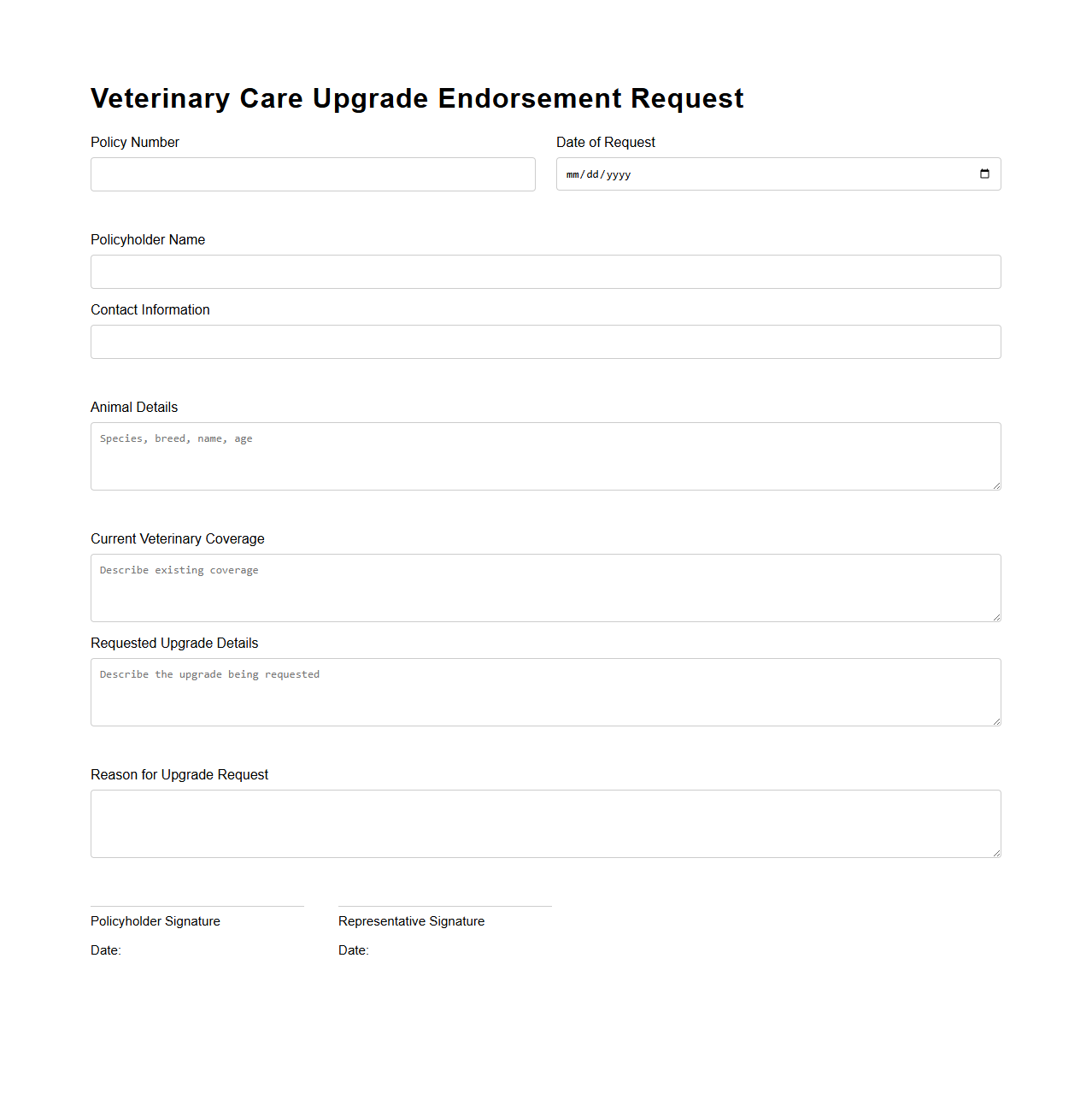 Veterinary Care Upgrade Endorsement Request Document