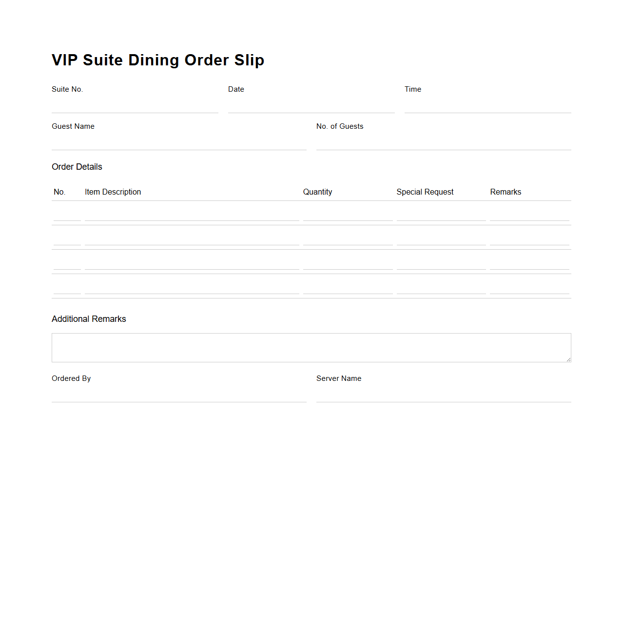 VIP Suite Dining Order Slip