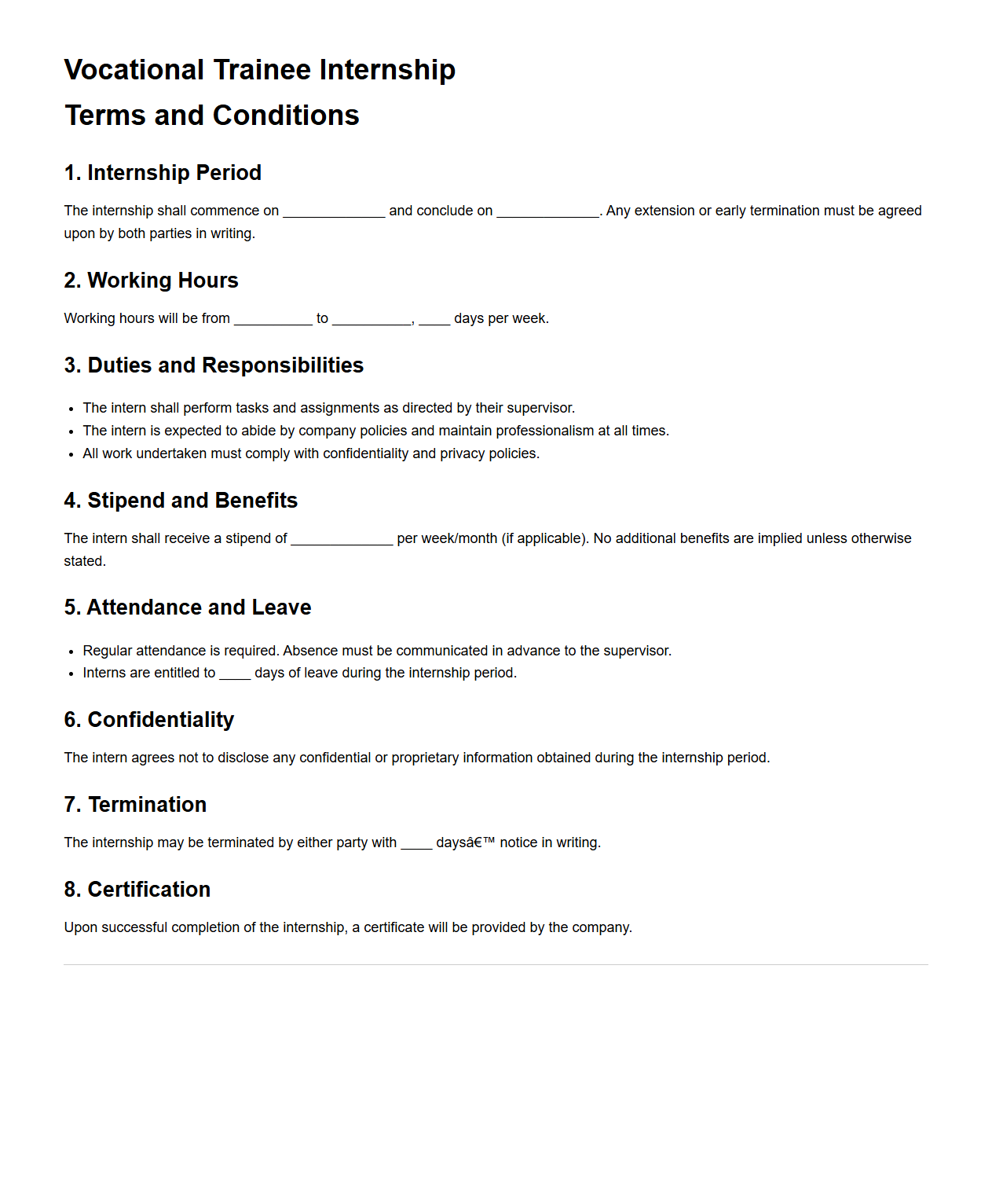 Vocational Trainee Internship Terms and Conditions