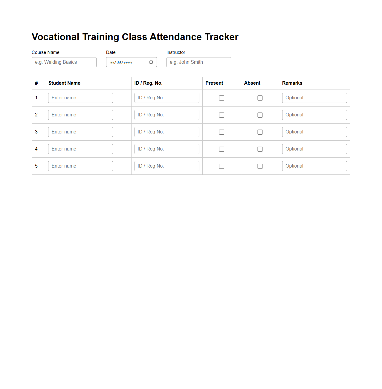 Vocational Training Class Attendance Tracker