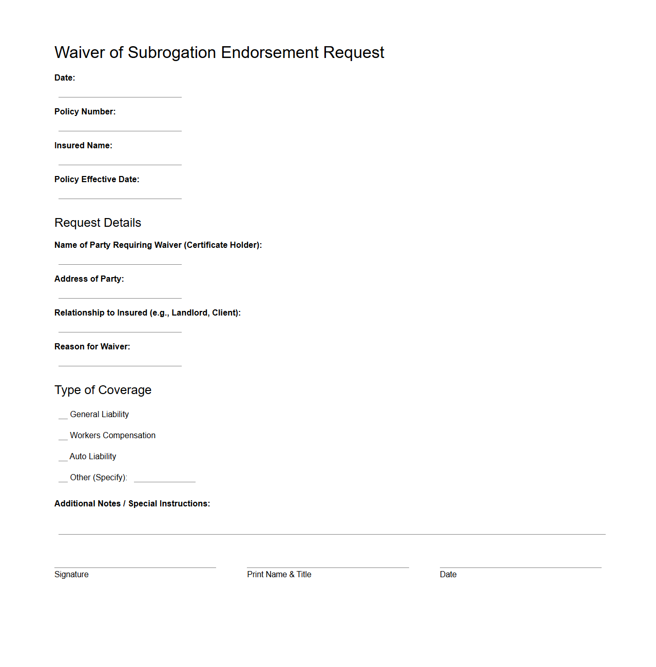 Waiver of Subrogation Endorsement Request Example