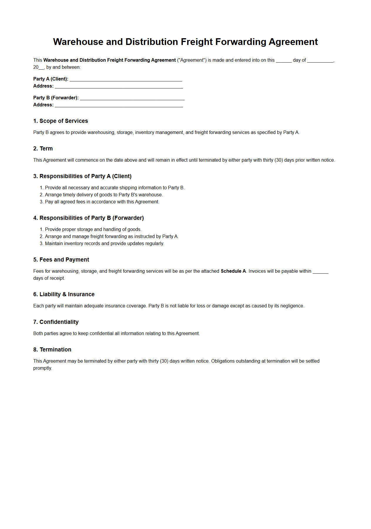 Warehouse and Distribution Freight Forwarding Agreement Format