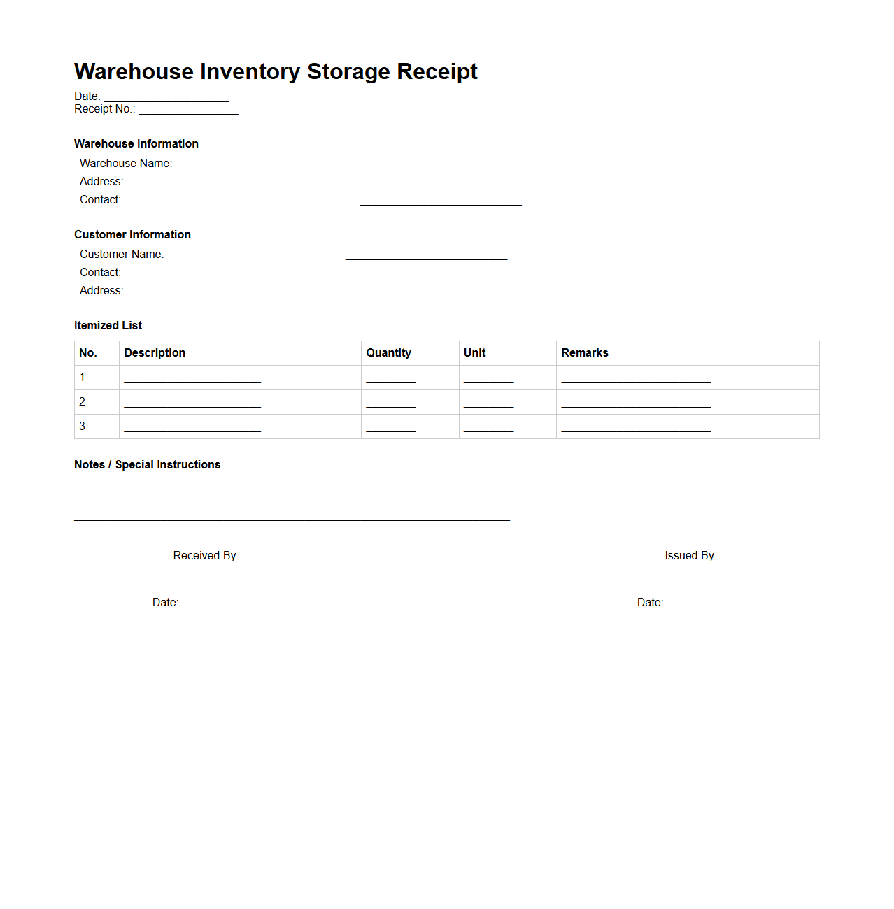 Warehouse Inventory Storage Receipt with Itemized List