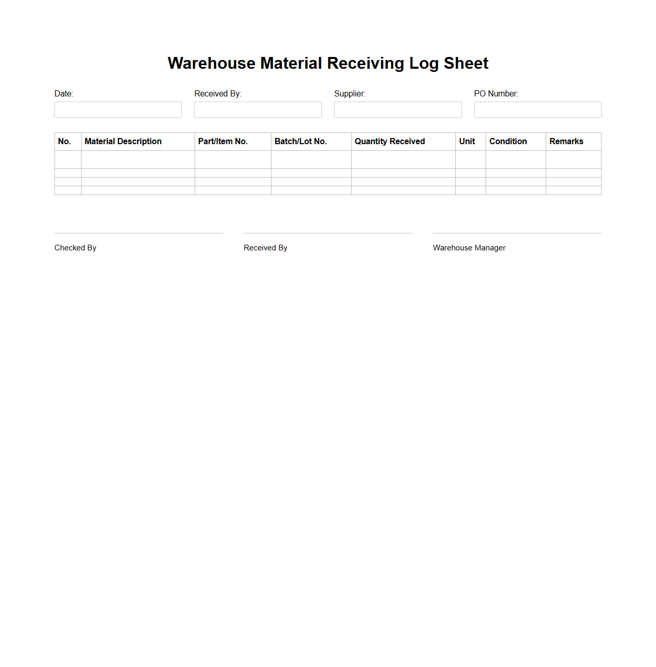 Warehouse Material Receiving Log Sheet