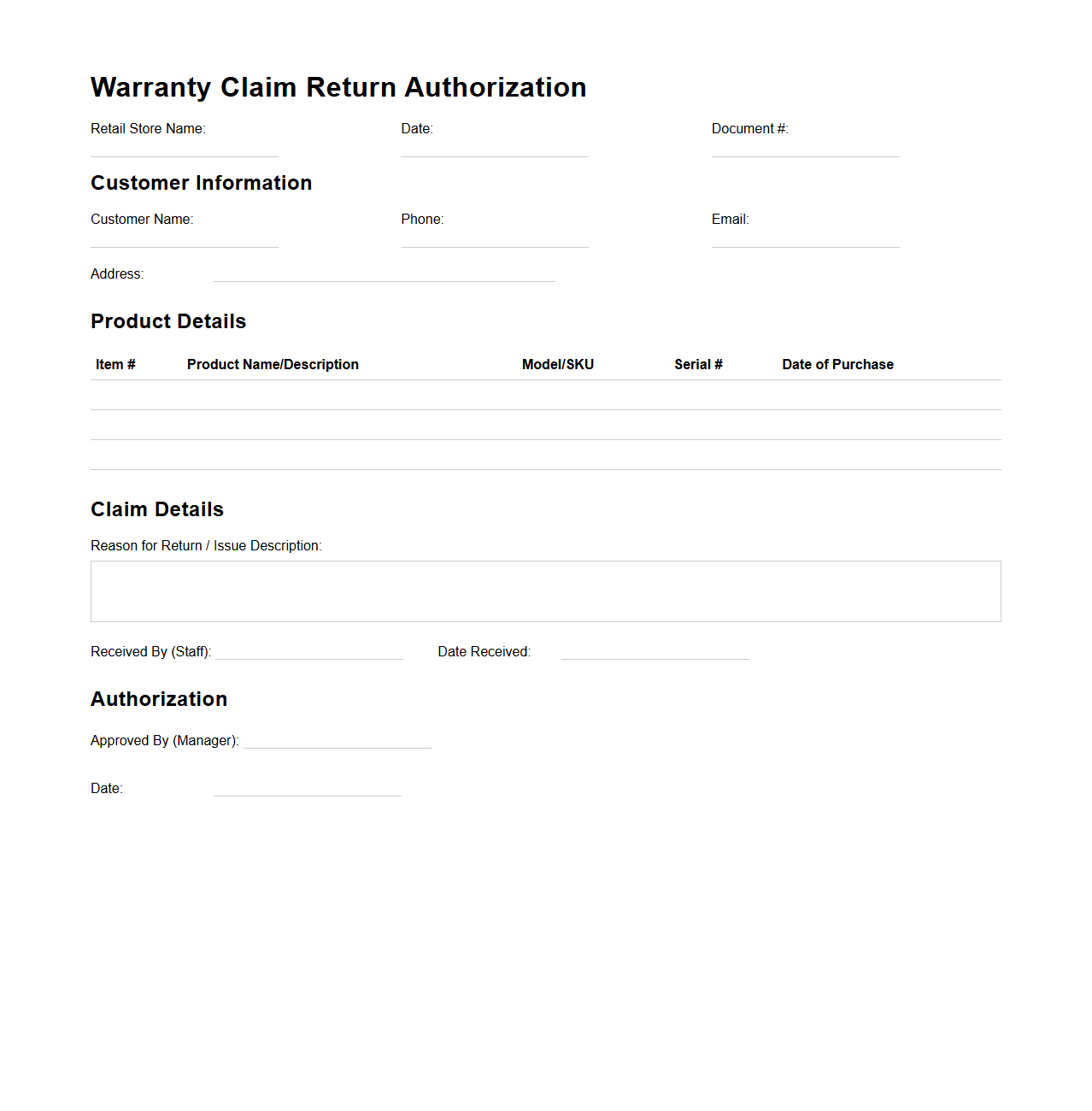 Warranty Claim Return Authorization Document for Retail Store