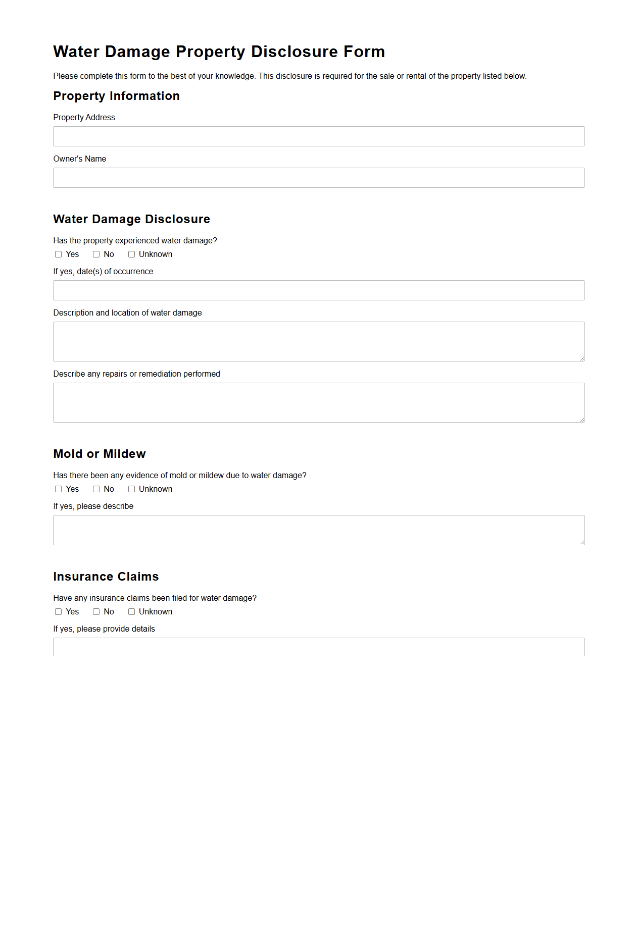 Water Damage Property Disclosure Form Example