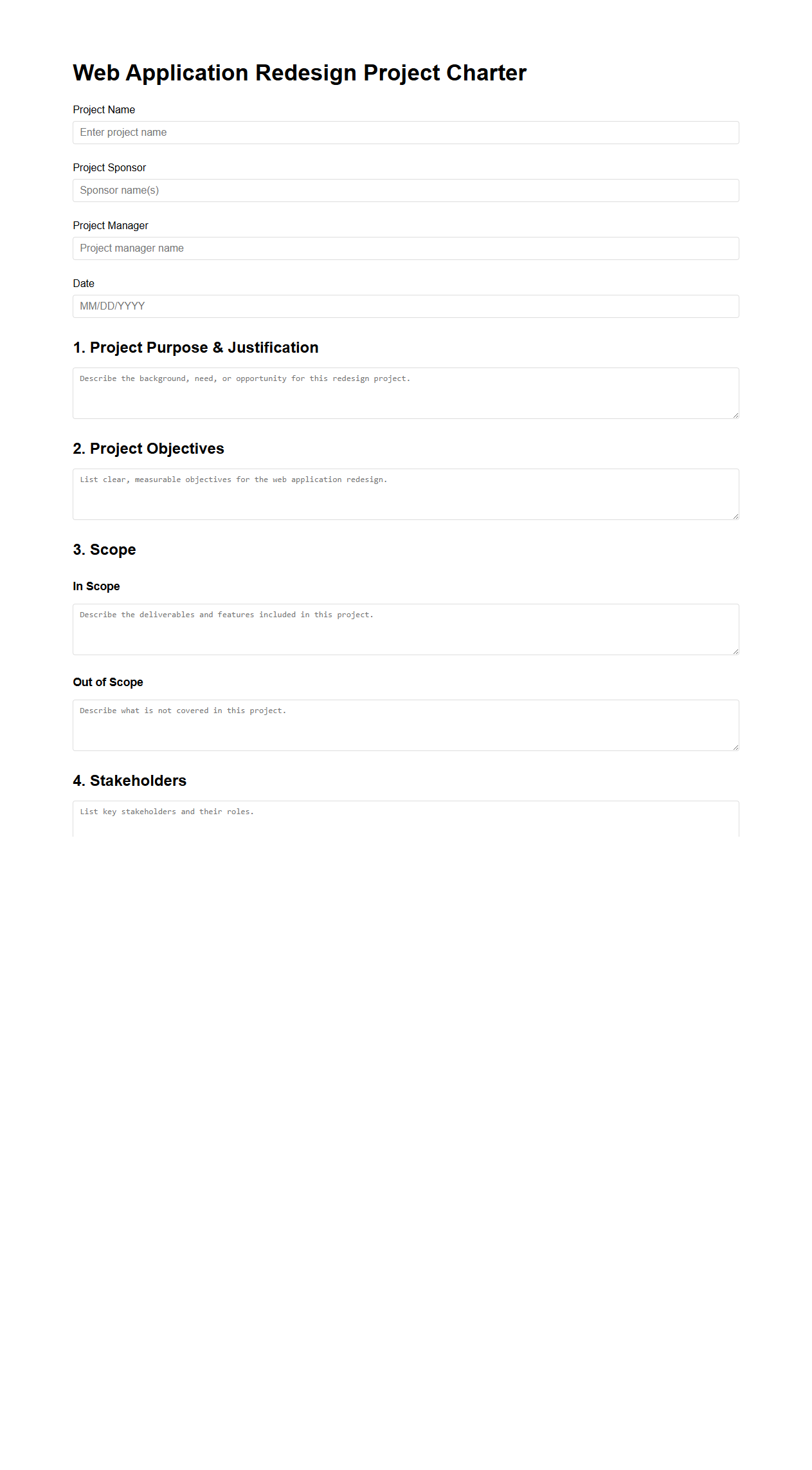 Web Application Redesign Project Charter Template