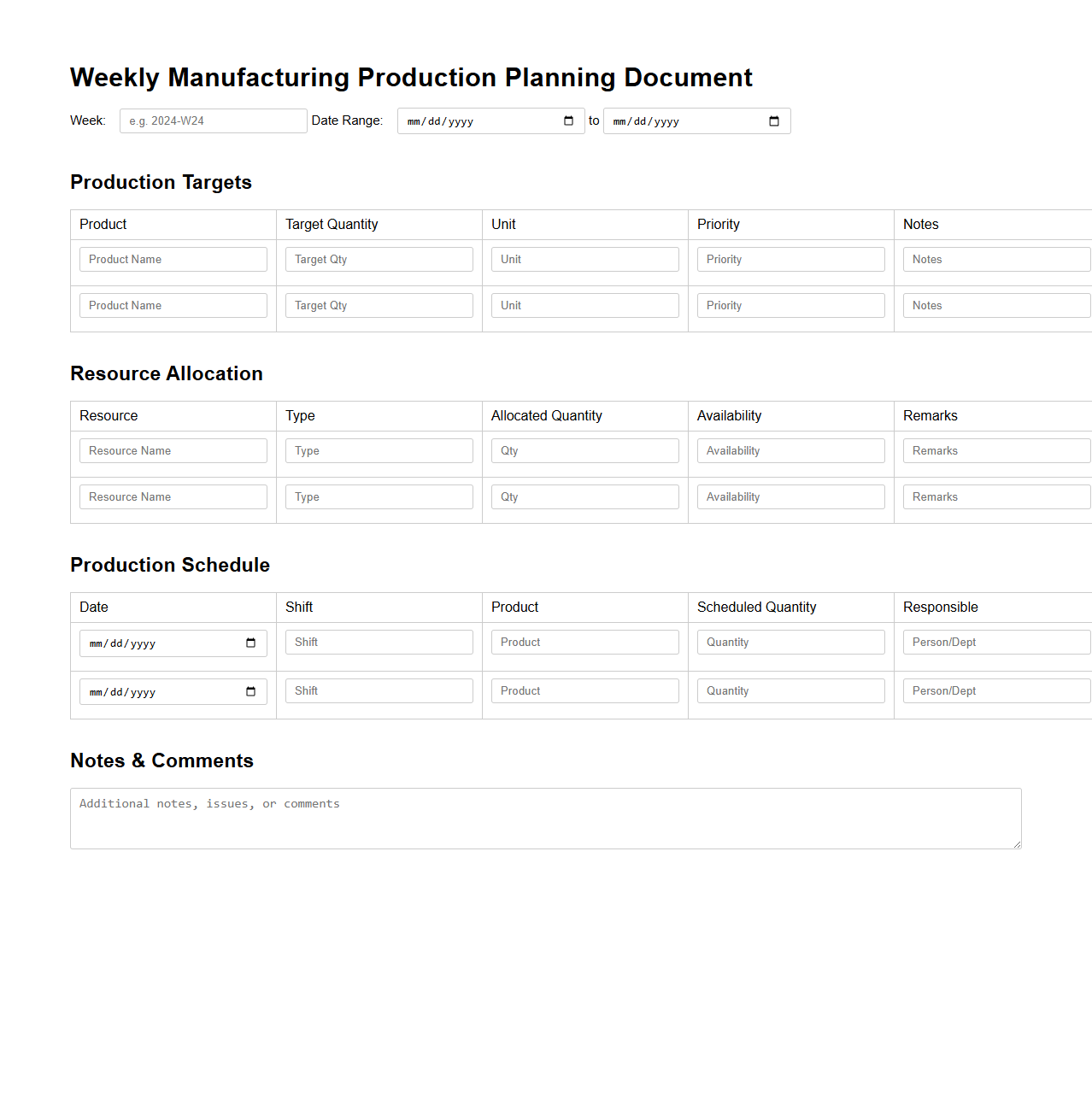 Weekly Manufacturing Production Planning Document