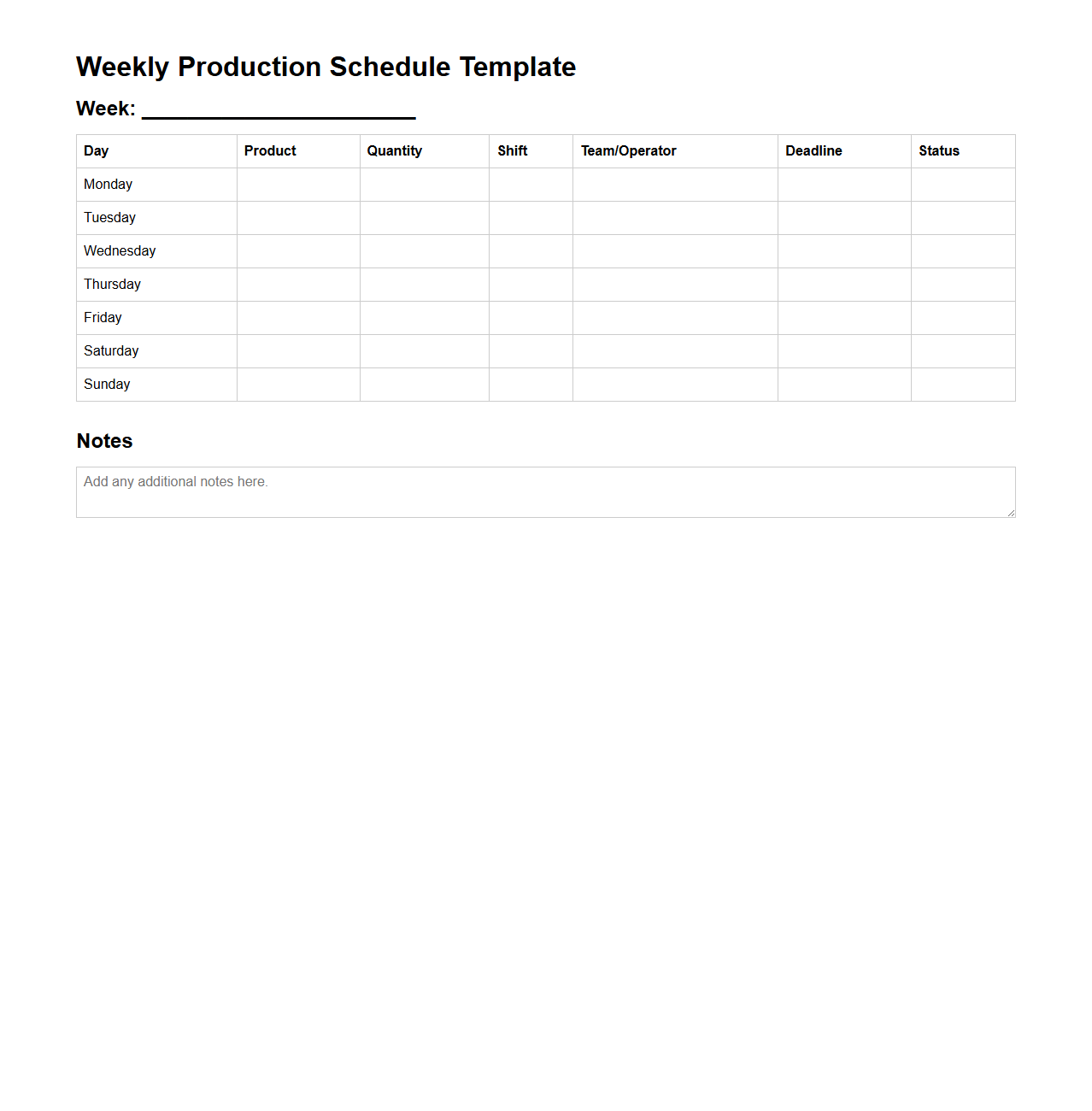 Weekly Production Schedule Template for Manufacturing