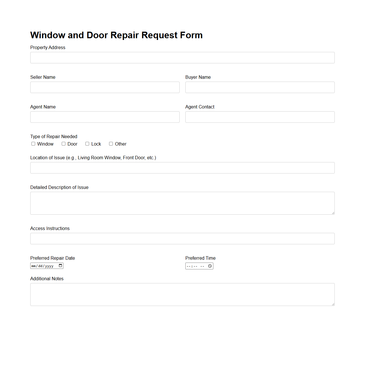 Window and Door Repair Request Form for Residential Property Sales