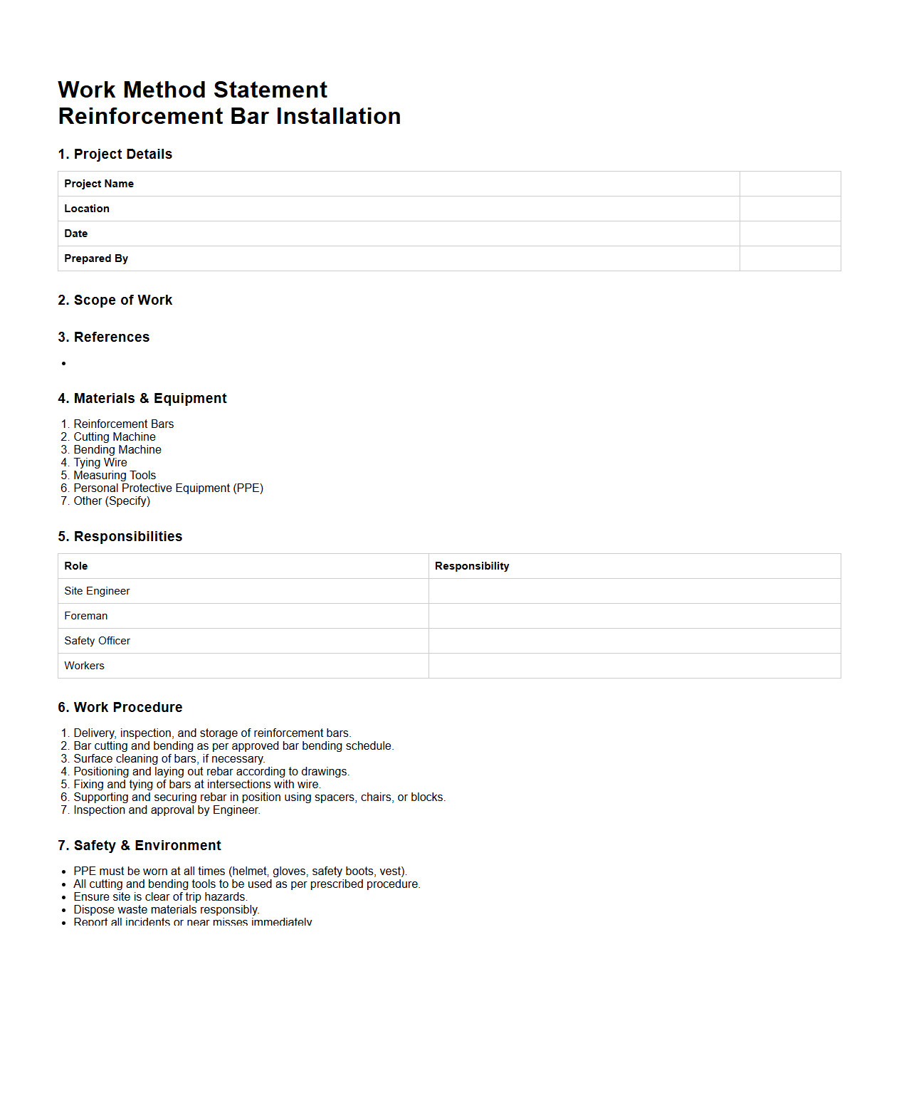 Work Method Statement for Reinforcement Bar Installation