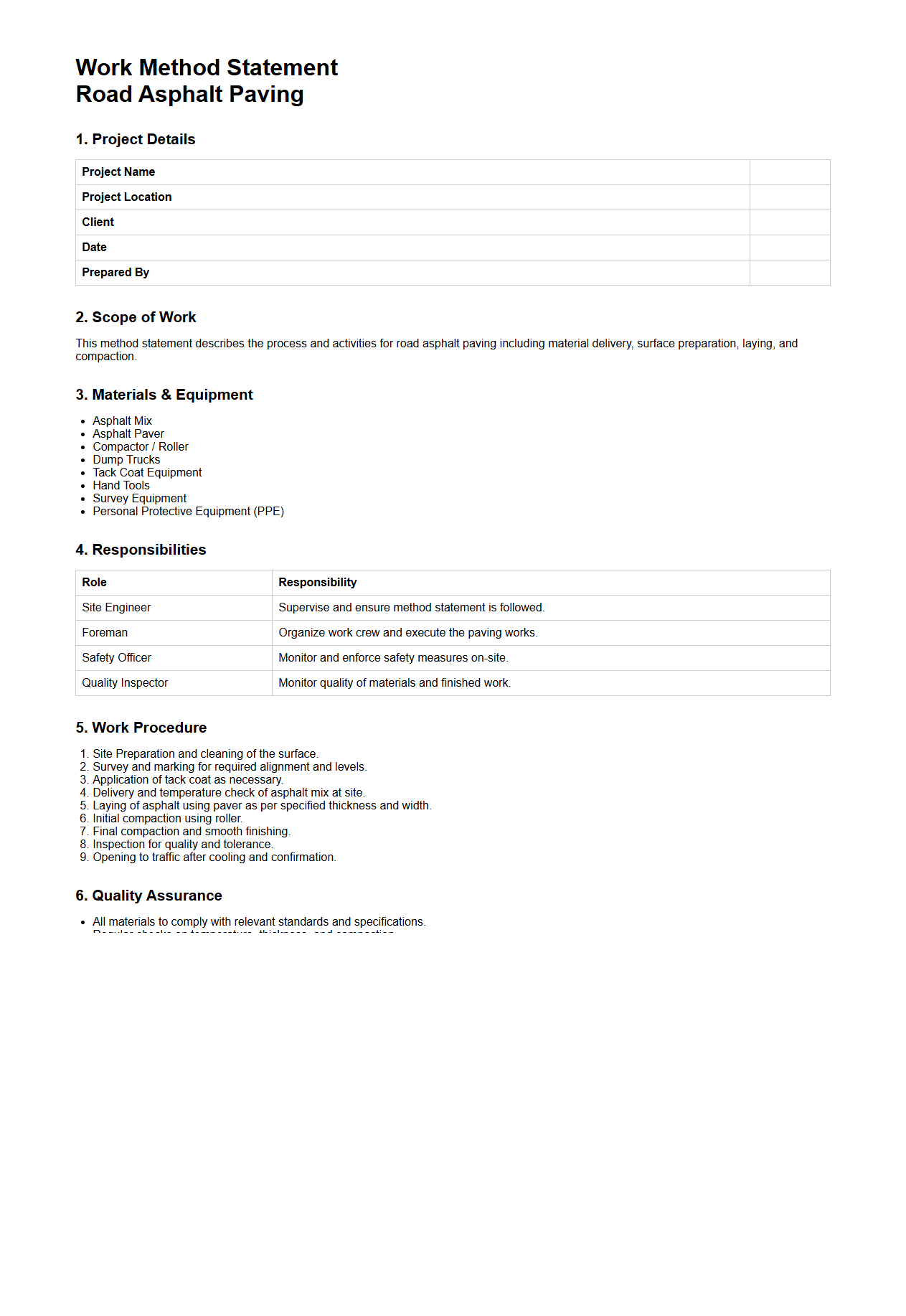 Work Method Statement for Road Asphalt Paving