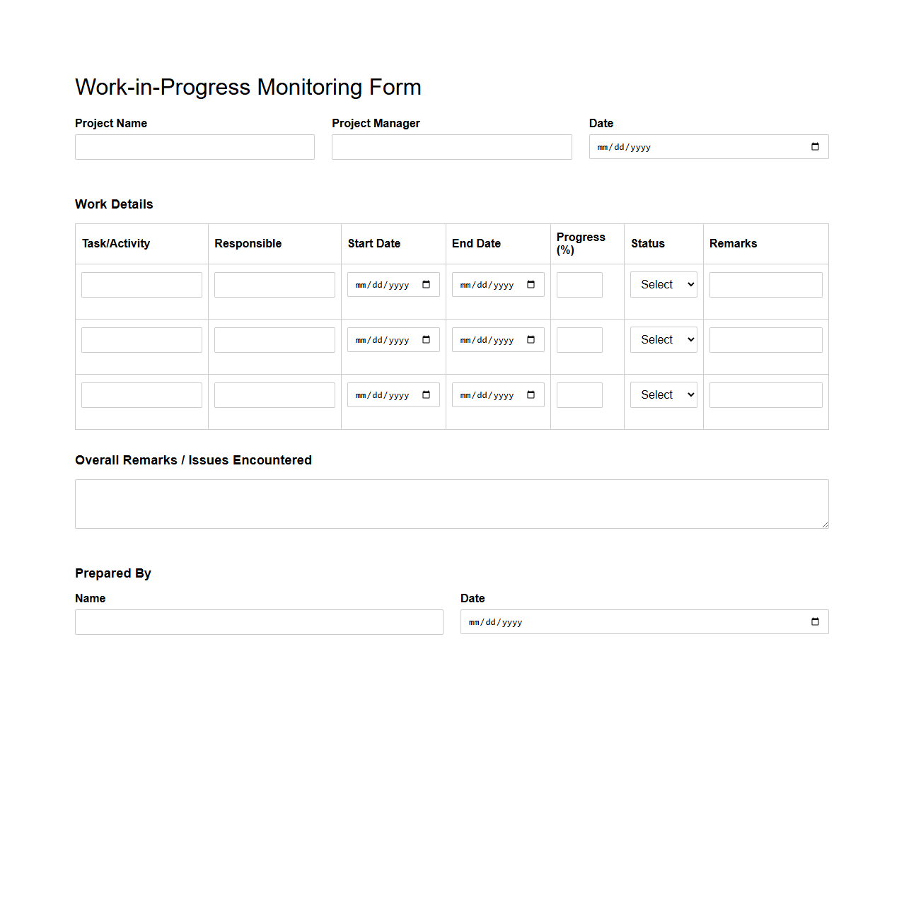 Work-in-Progress Monitoring Form