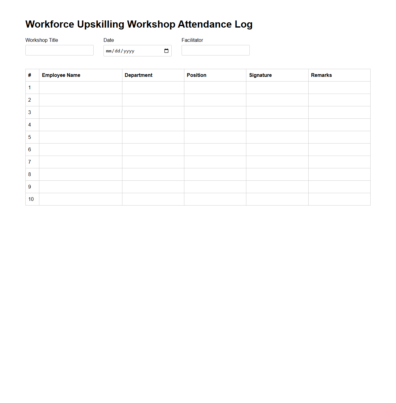 Workforce Upskilling Workshop Attendance Log