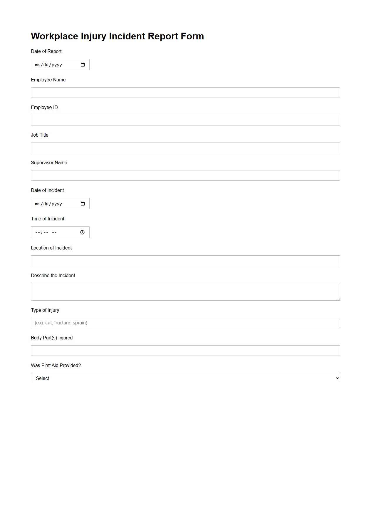 Workplace Injury Incident Report Form for Construction