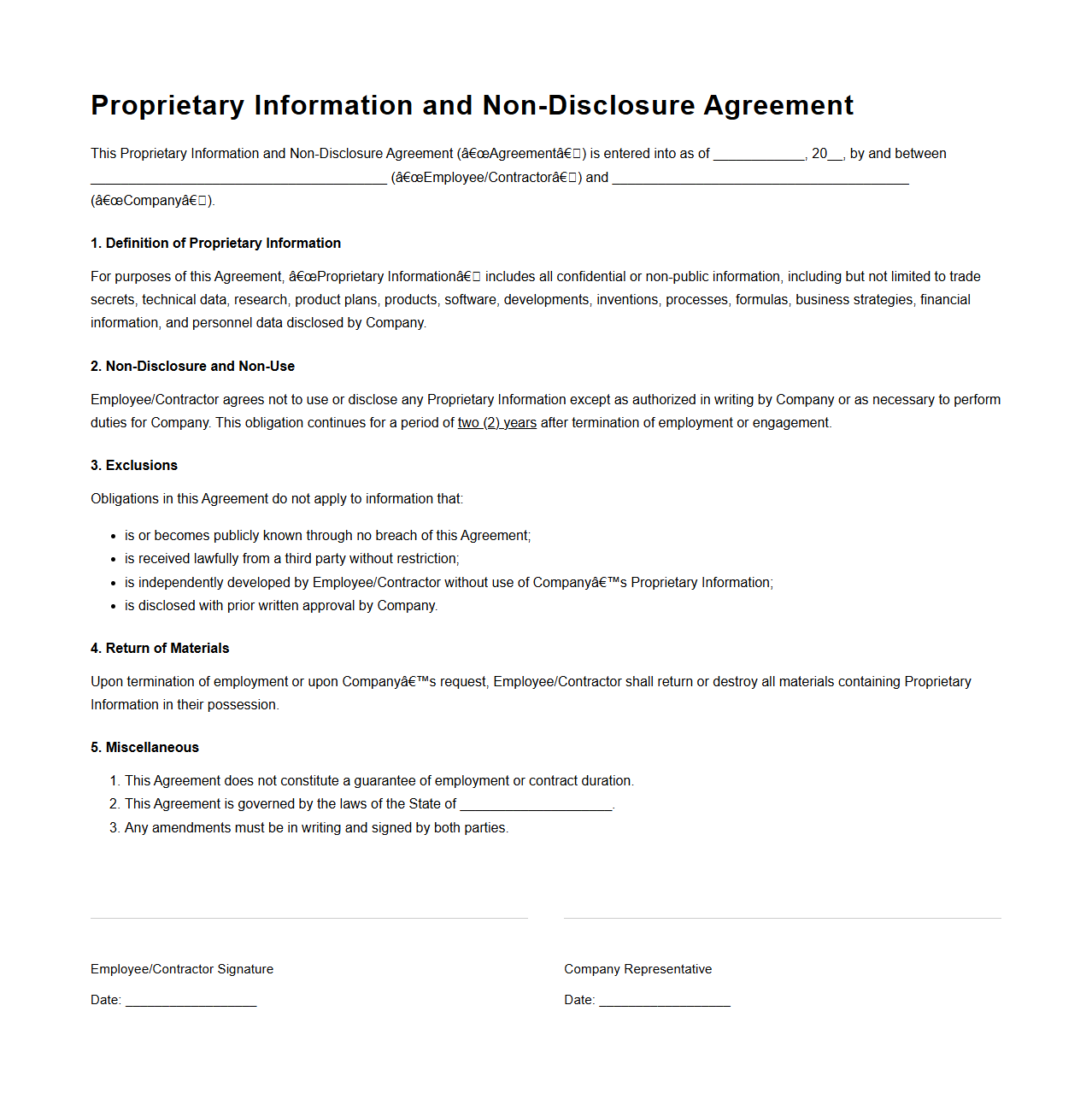 Workplace Proprietary Information NDA Format
