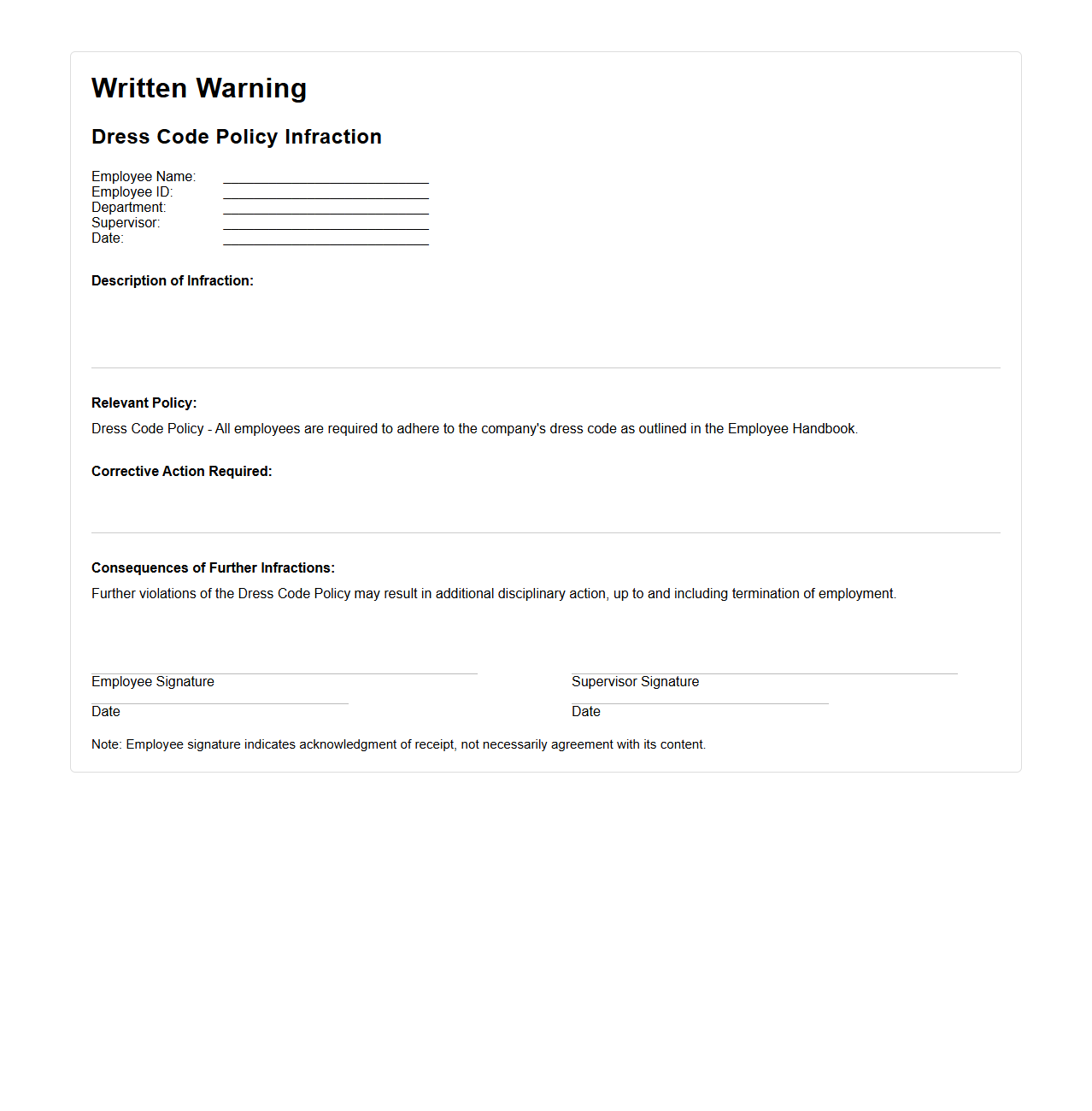 Written Warning for Dress Code Policy Infraction