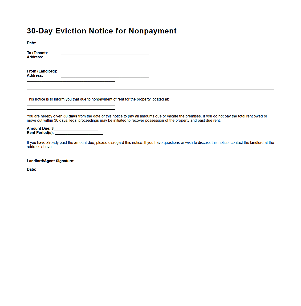 30-Day Eviction Notice Template for Nonpayment