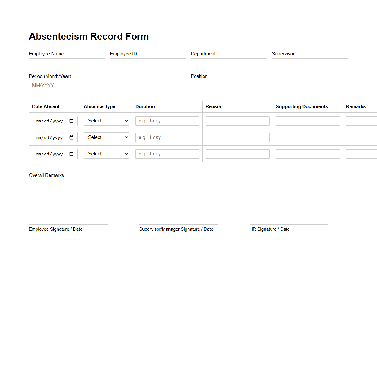 Absenteeism Record Form for Human Resources