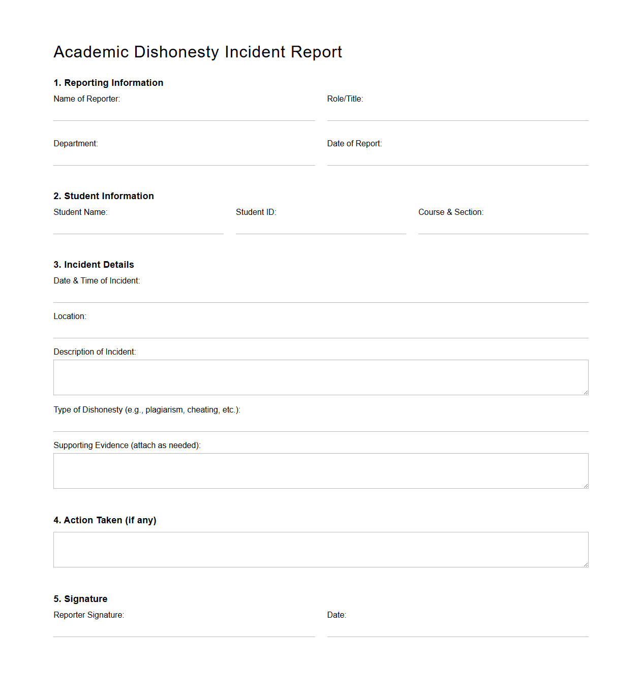 Academic Dishonesty Incident Report Template