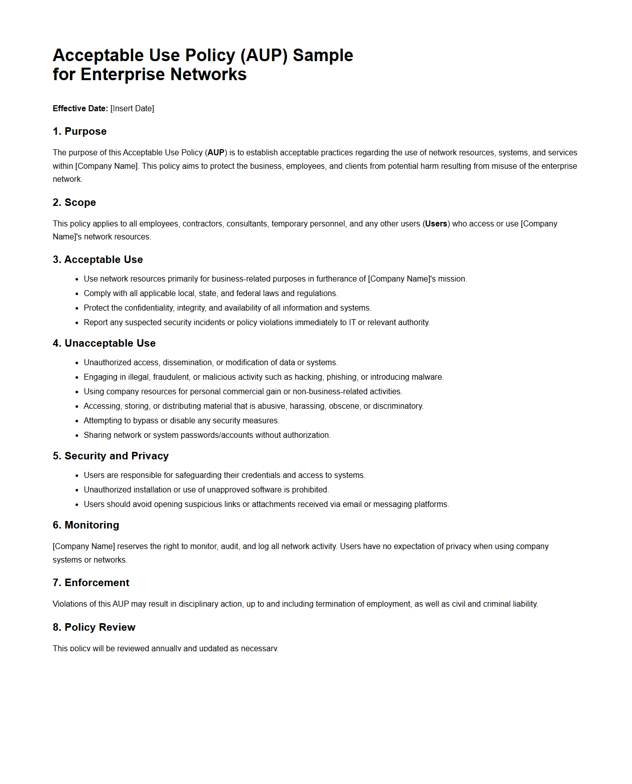 Acceptable Use Policy Sample for Enterprise Networks