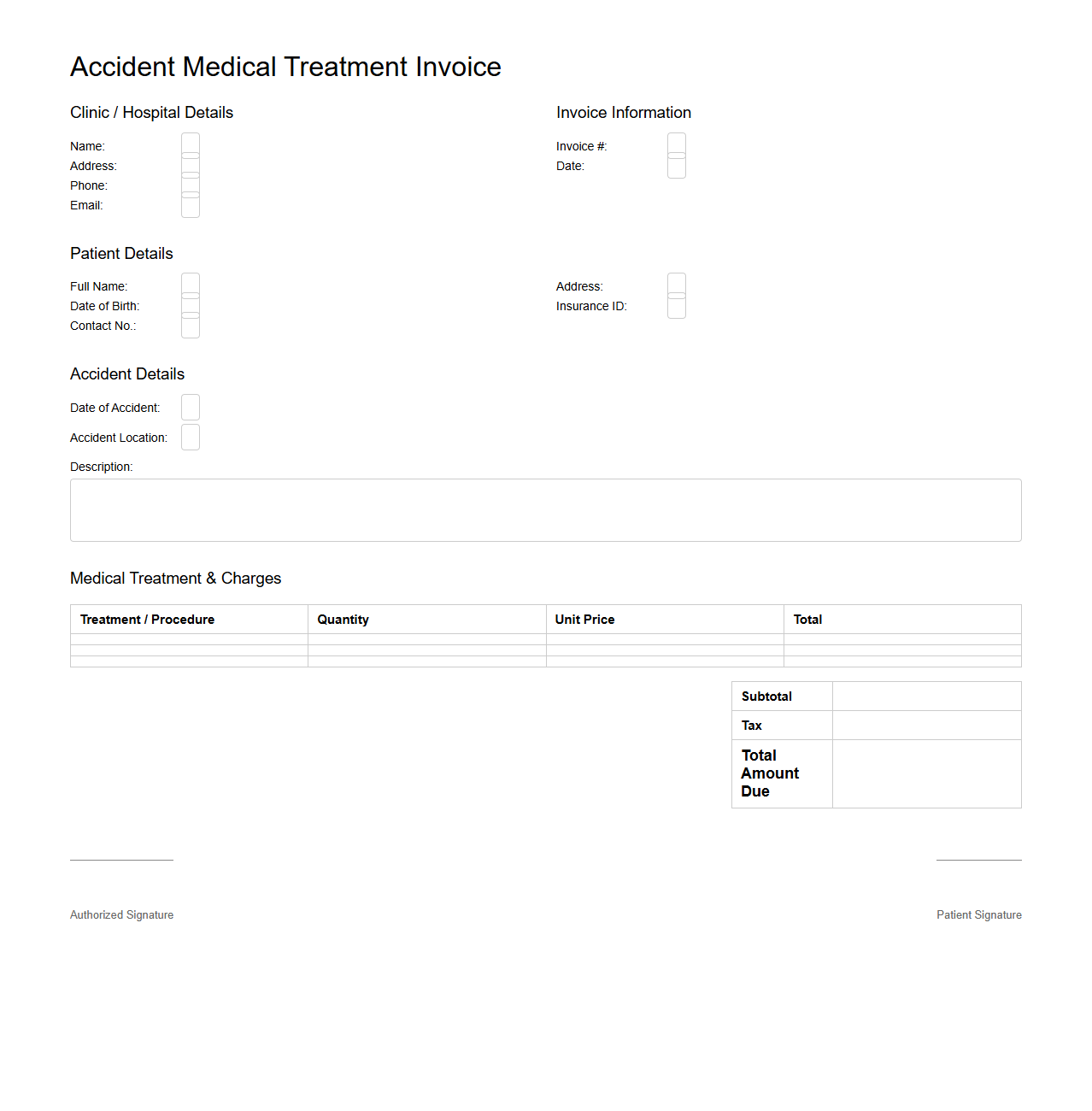 Accident Medical Treatment Invoice Template