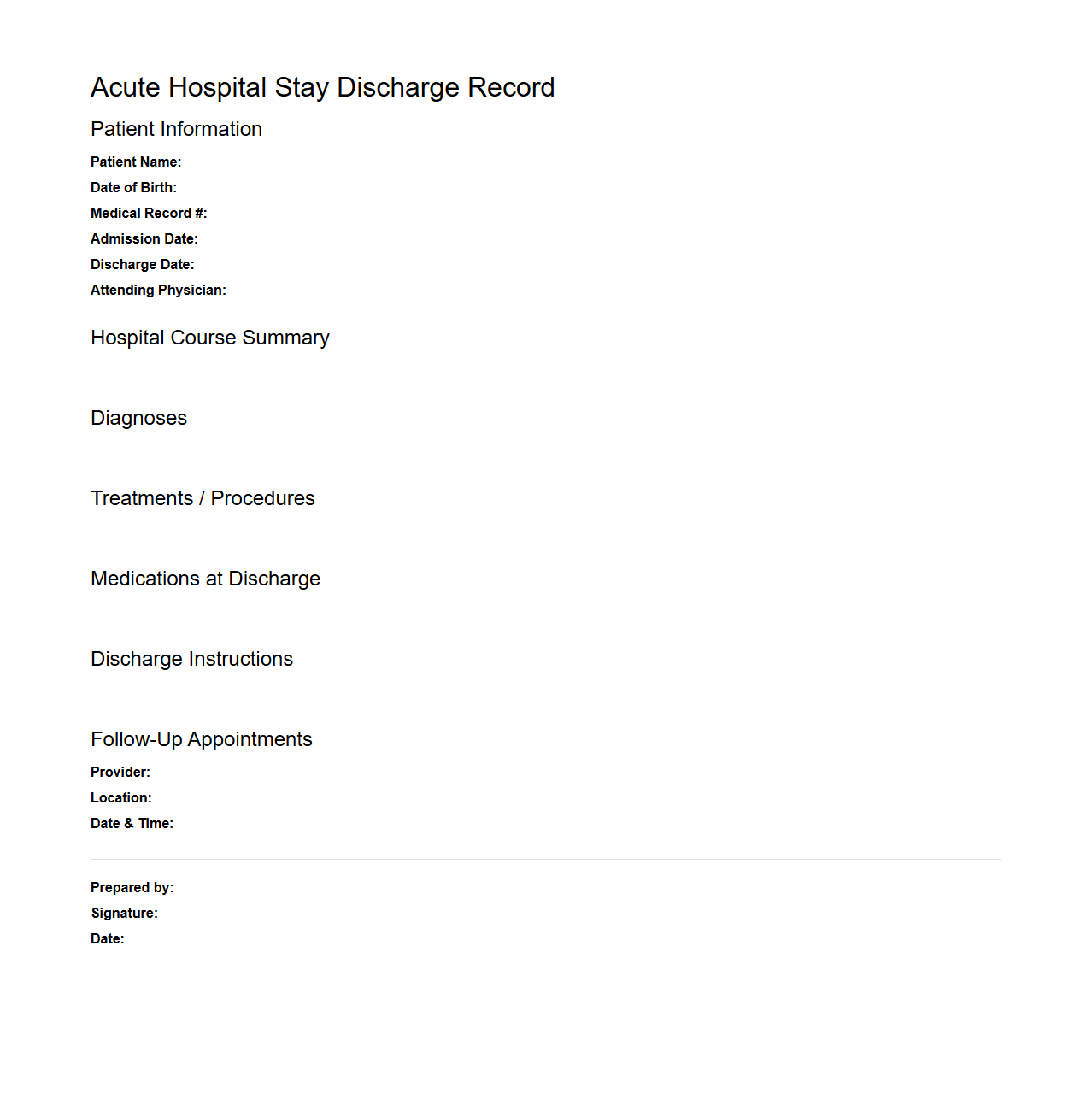 Acute Hospital Stay Discharge Record Sample