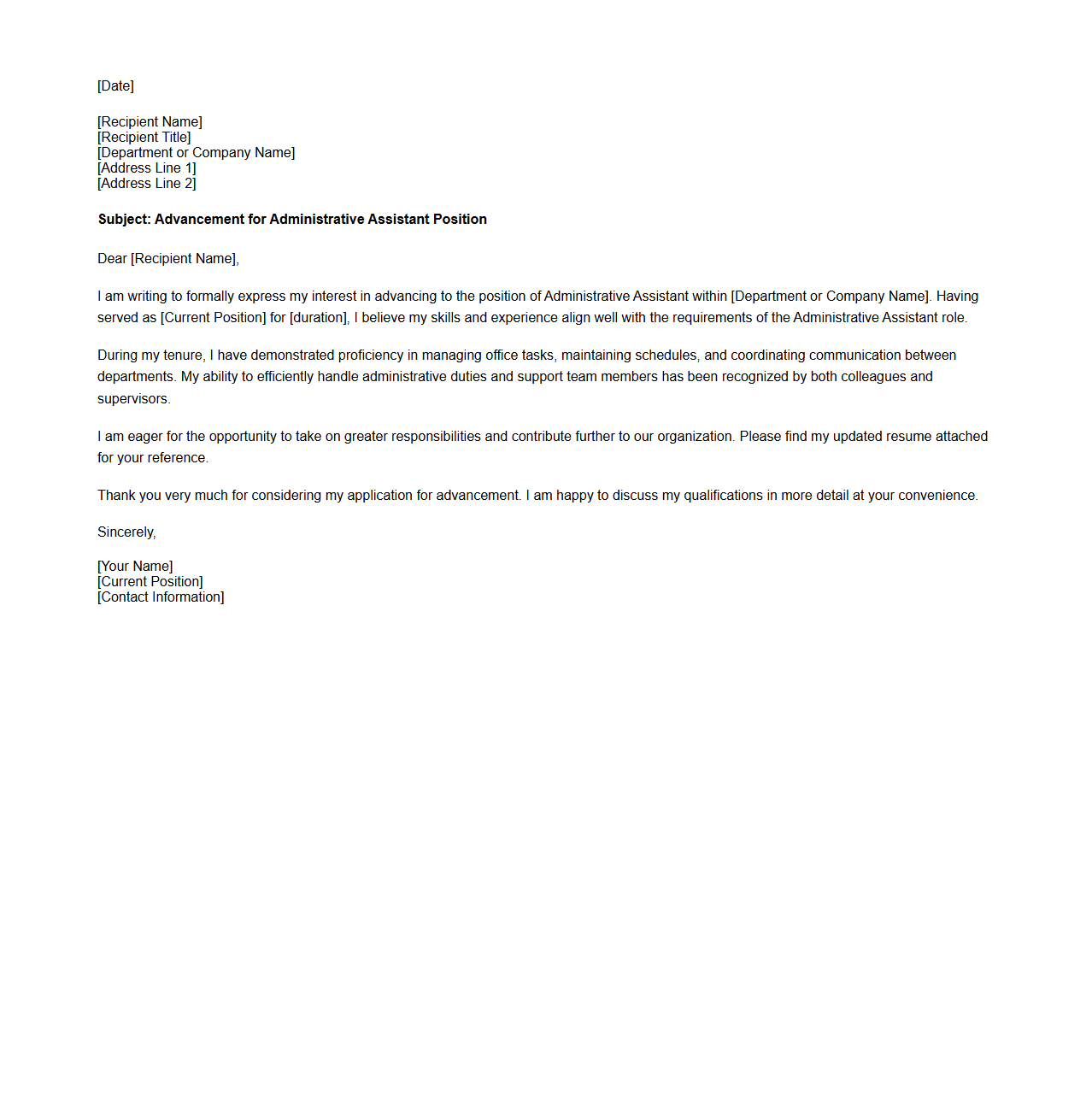 Administrative Assistant Advancement Letter Format