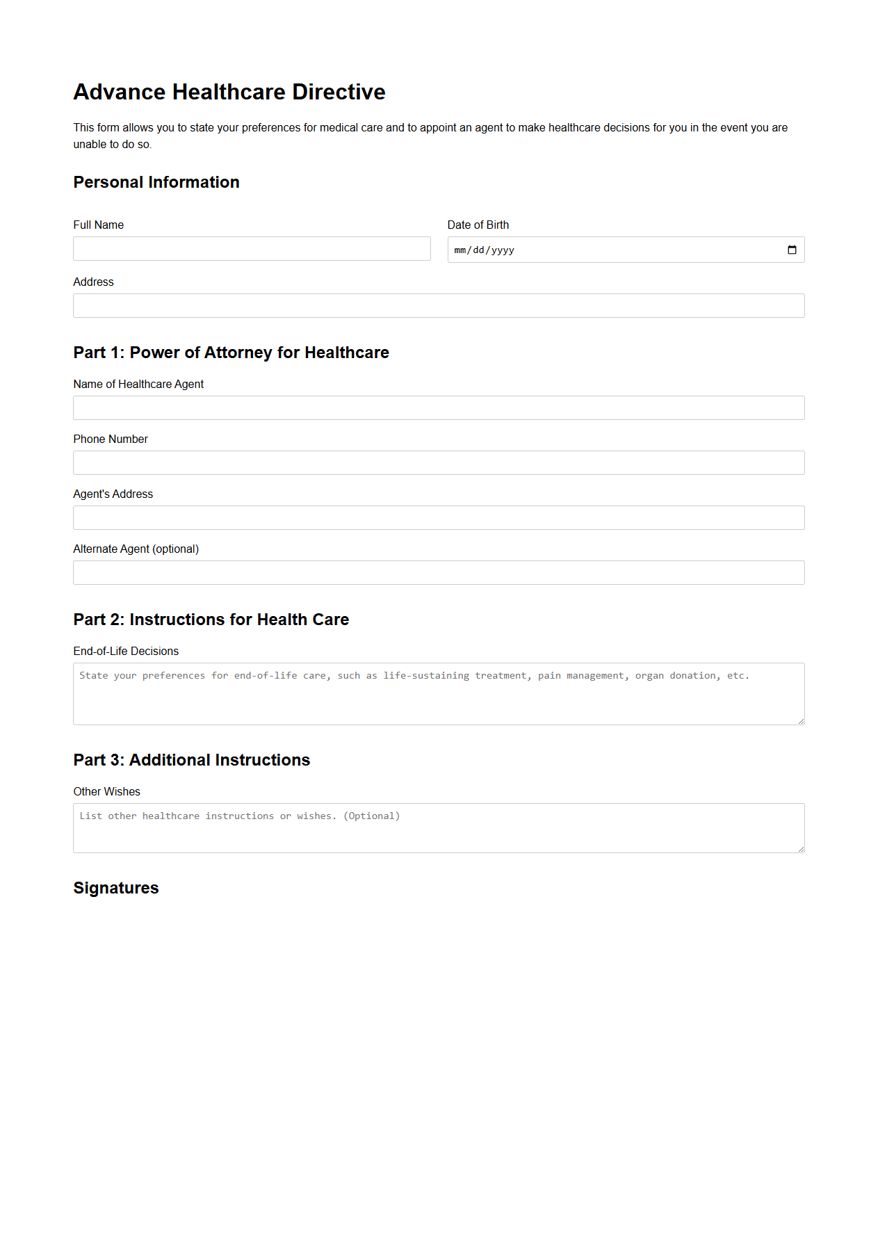 Advance Healthcare Directive Sample Form